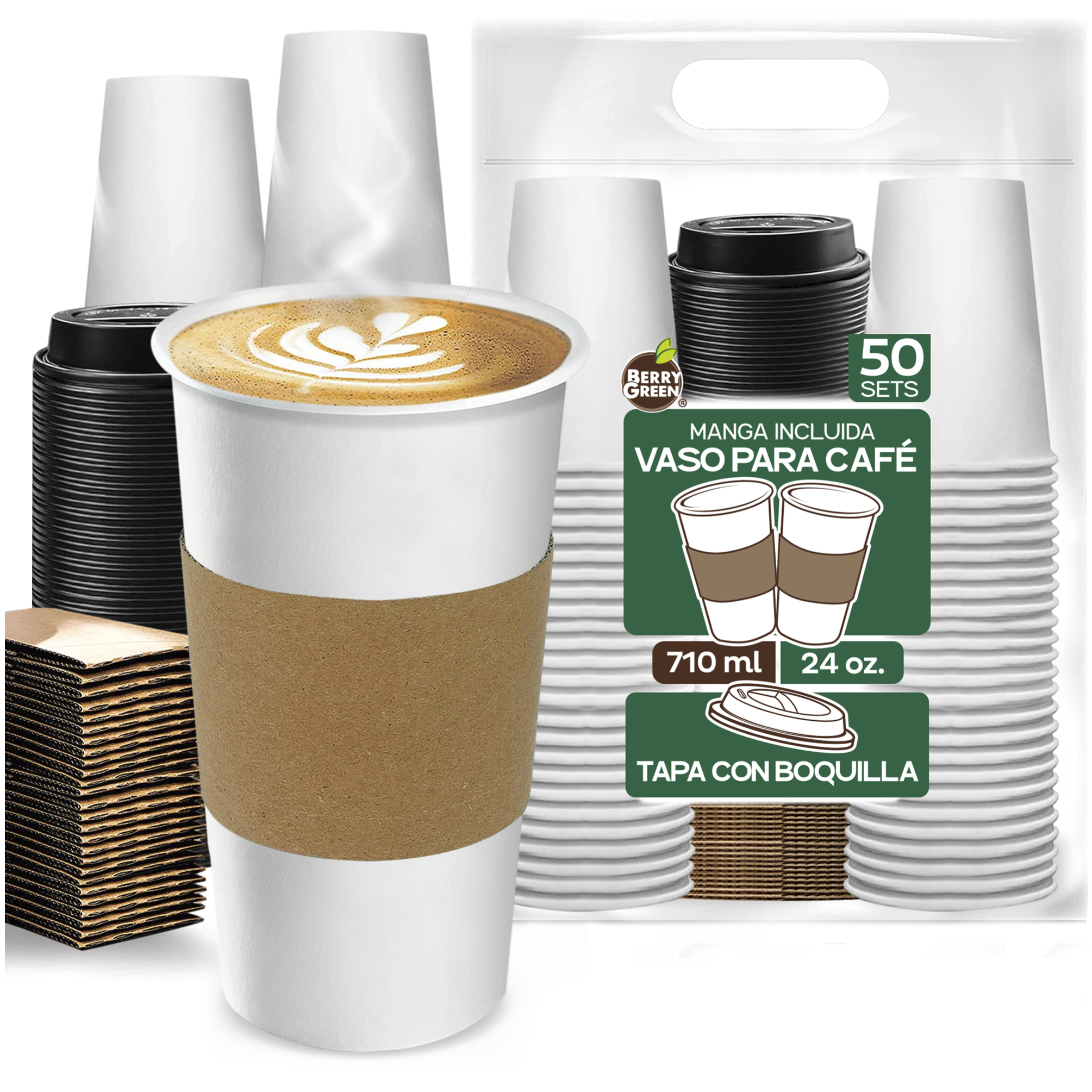 Foto 1 | Berry Green Paquete 50 Vasos Café 24 Oz Con Tapa Y Manga Protectora Resistentes Biodegradables Para Bebidas Calientes