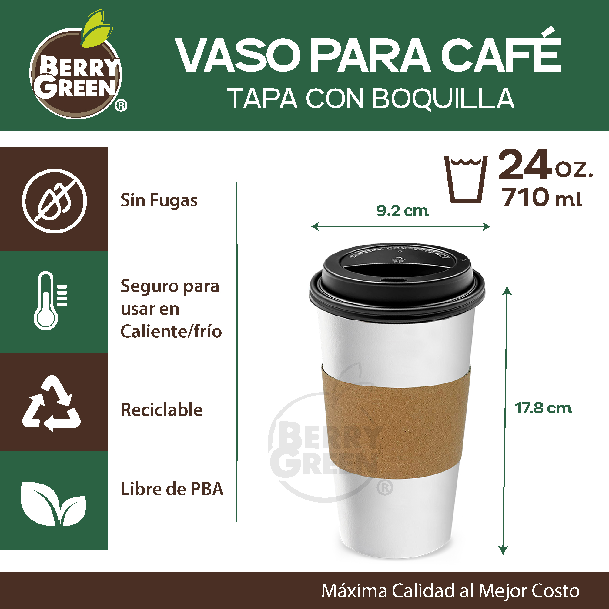 Foto 3 pulgar | Berry Green Paquete 50 Vasos Café 24 Oz Con Tapa Y Manga Protectora Resistentes Biodegradables Para Bebidas Calientes