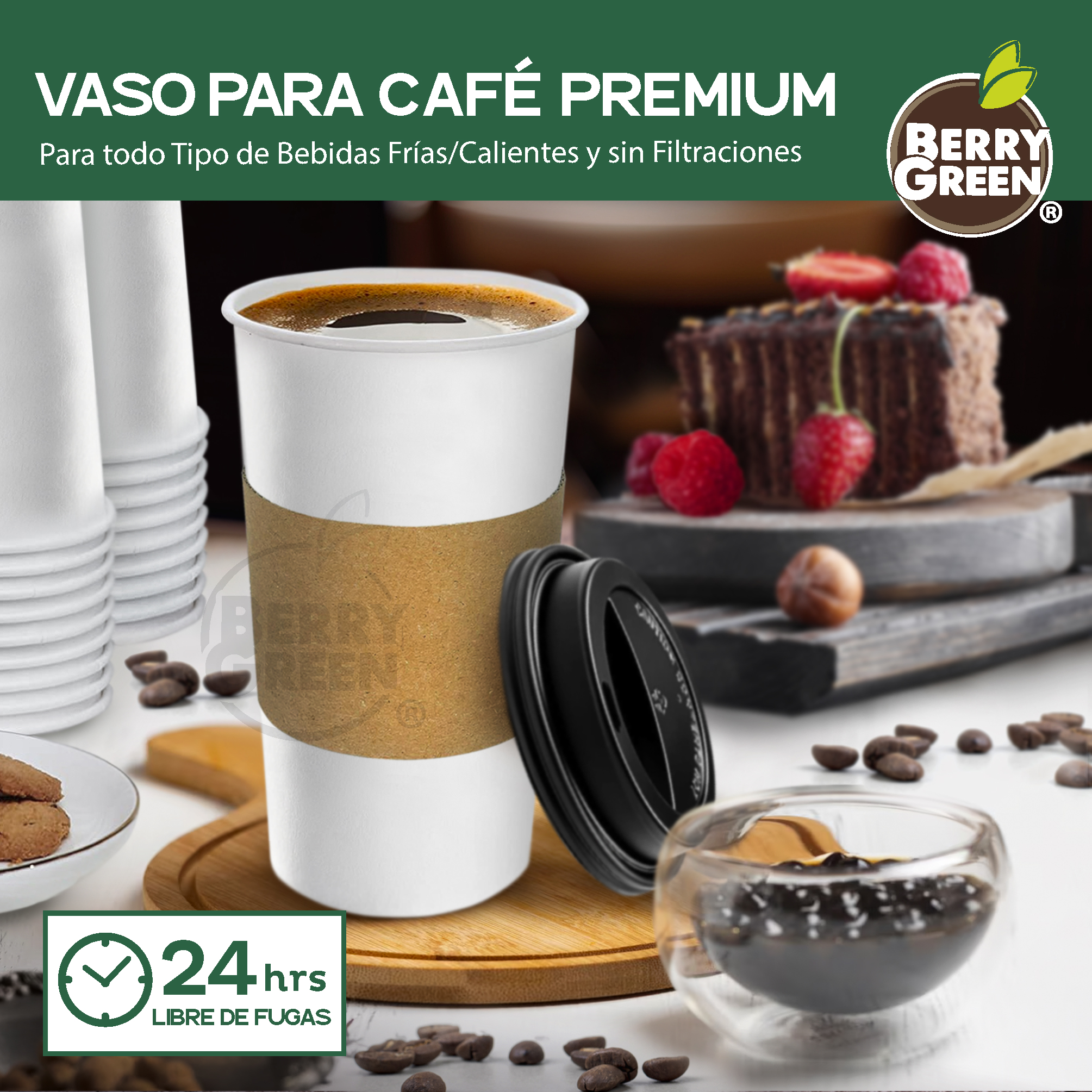 Foto 4 pulgar | Berry Green Paquete 50 Vasos Café 24 Oz Con Tapa Y Manga Protectora Resistentes Biodegradables Para Bebidas Calientes