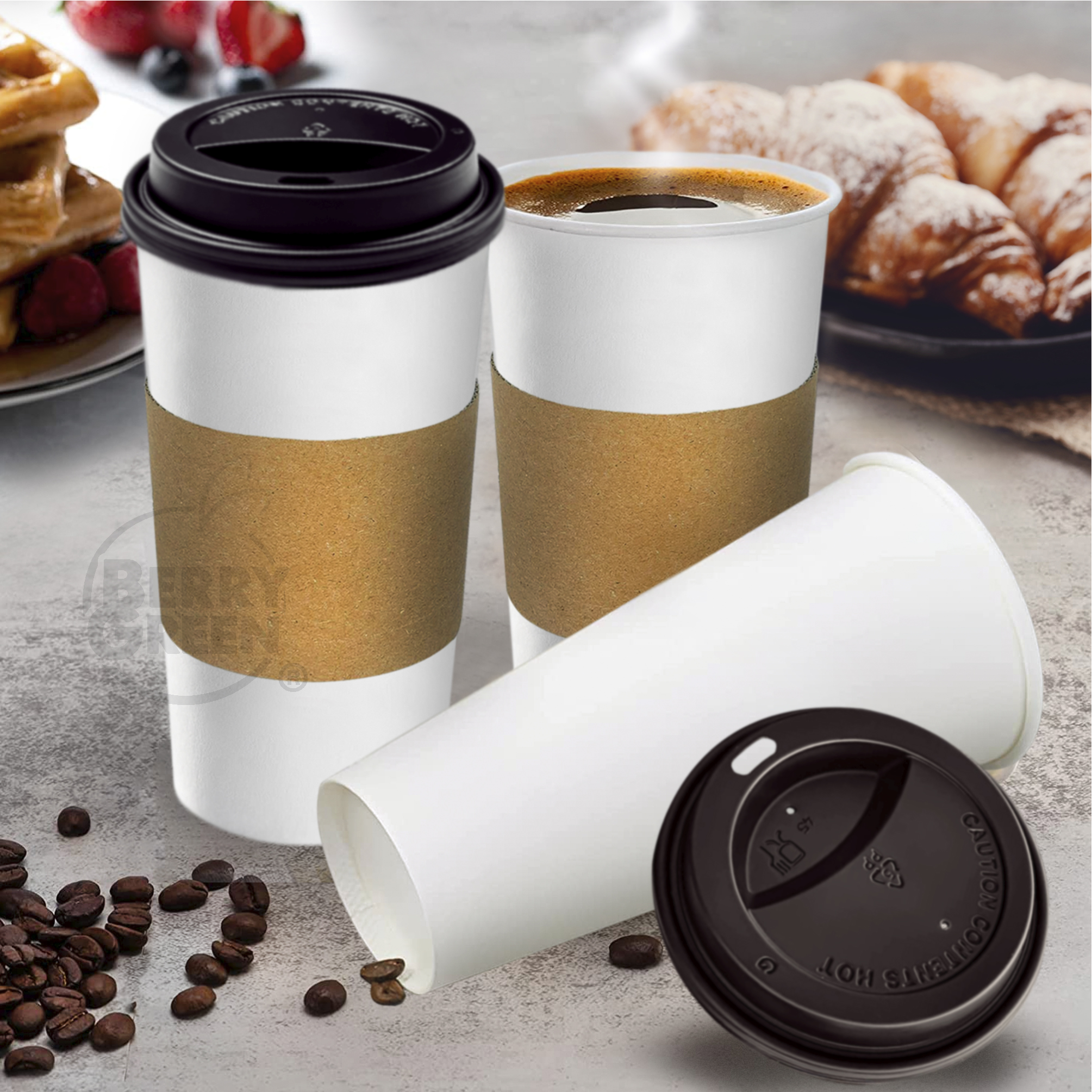 Foto 5 | Berry Green Paquete 50 Vasos Café 24 Oz Con Tapa Y Manga Protectora Resistentes Biodegradables Para Bebidas Calientes