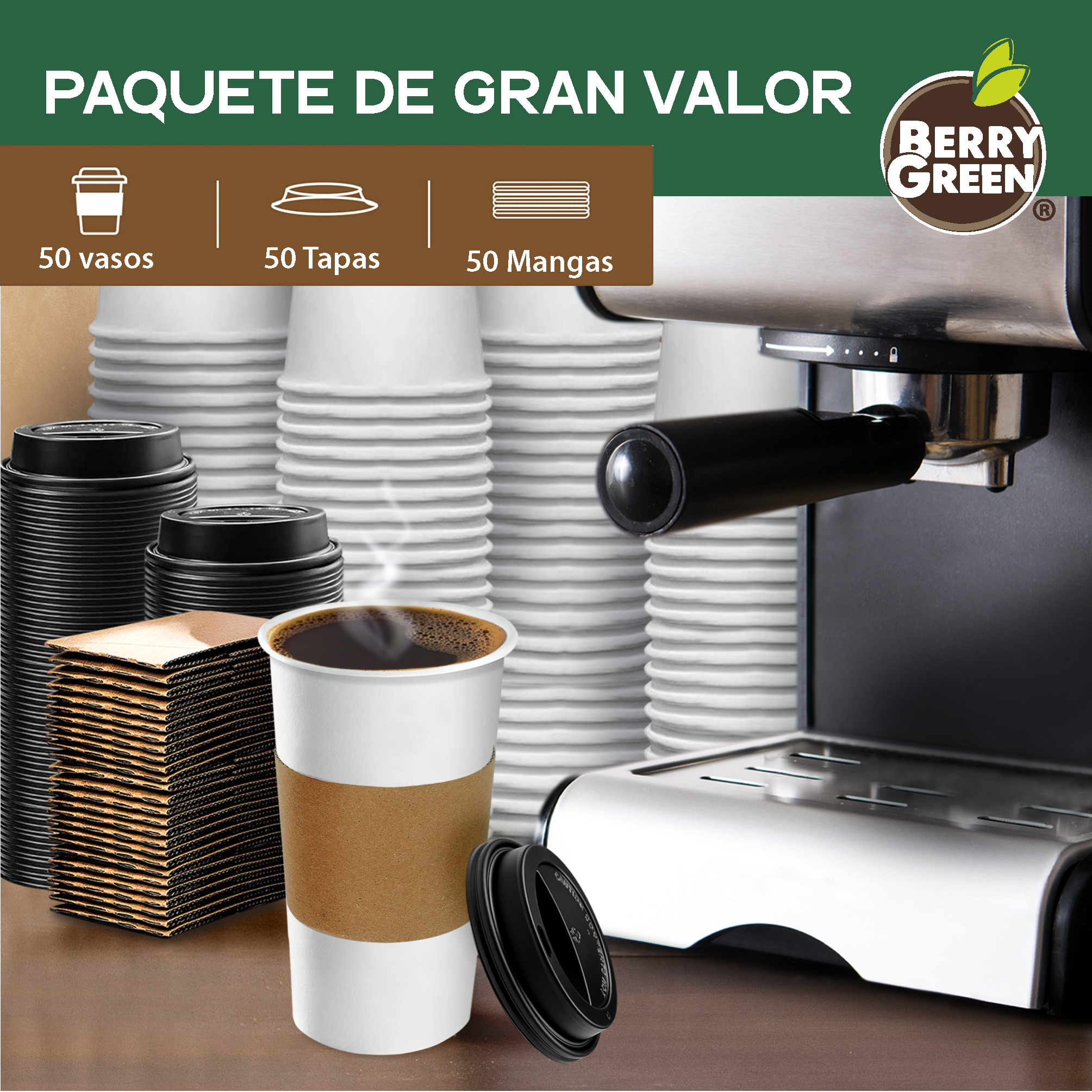 Foto 6 | Berry Green Paquete 50 Vasos Café 24 Oz Con Tapa Y Manga Protectora Resistentes Biodegradables Para Bebidas Calientes