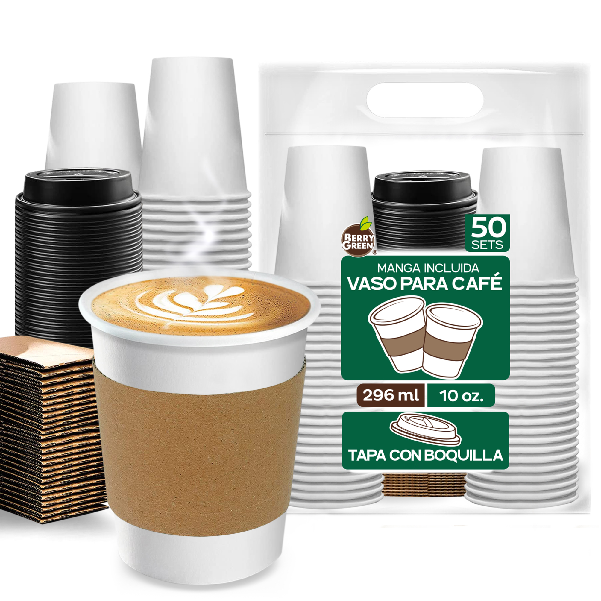 Foto 2 pulgar | Berry Green Paquete 50 Vasos Café 10 Oz Con Tapa Y Manga Protectora Resistentes Biodegradables Para Bebidas Calientes