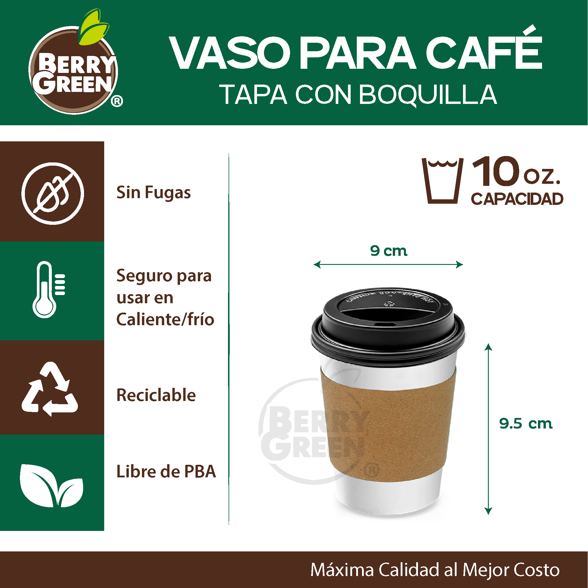 Foto 3 pulgar | Berry Green Paquete 50 Vasos Café 10 Oz Con Tapa Y Manga Protectora Resistentes Biodegradables Para Bebidas Calientes