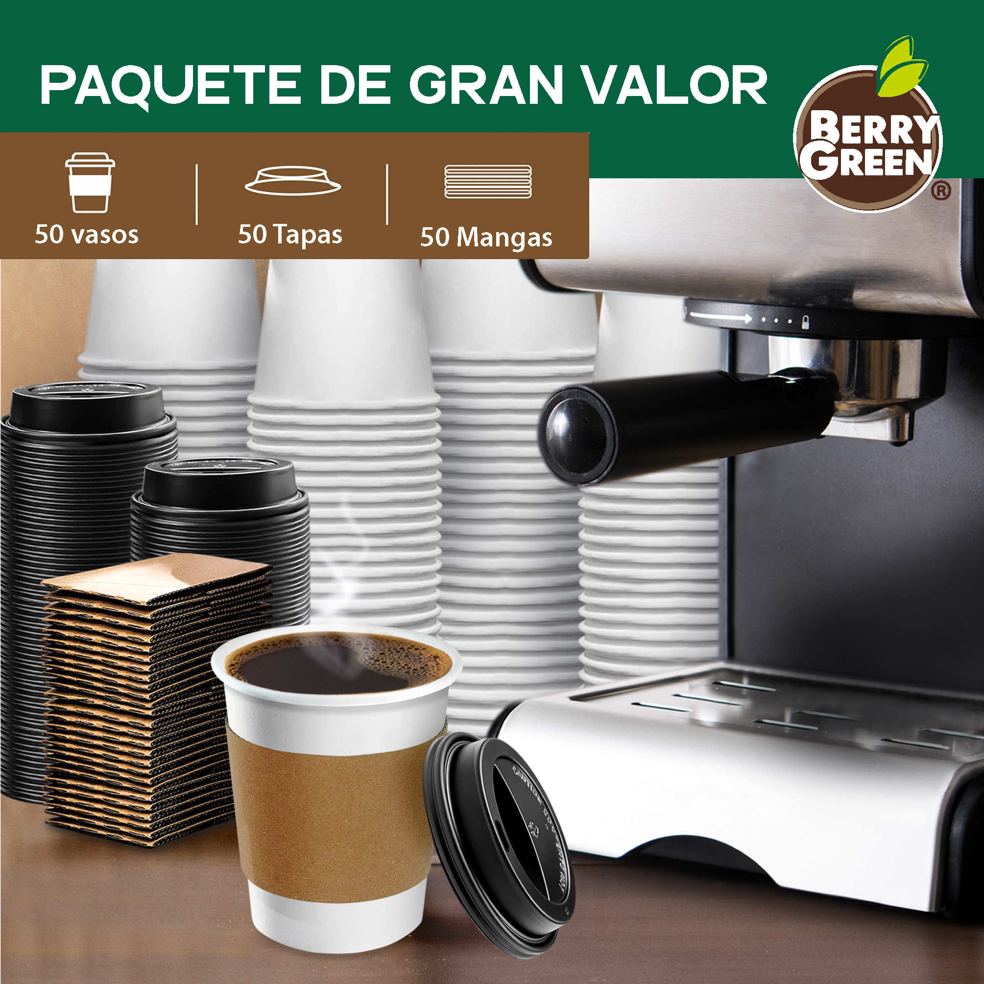 Foto 4 pulgar | Berry Green Paquete 50 Vasos Café 10 Oz Con Tapa Y Manga Protectora Resistentes Biodegradables Para Bebidas Calientes