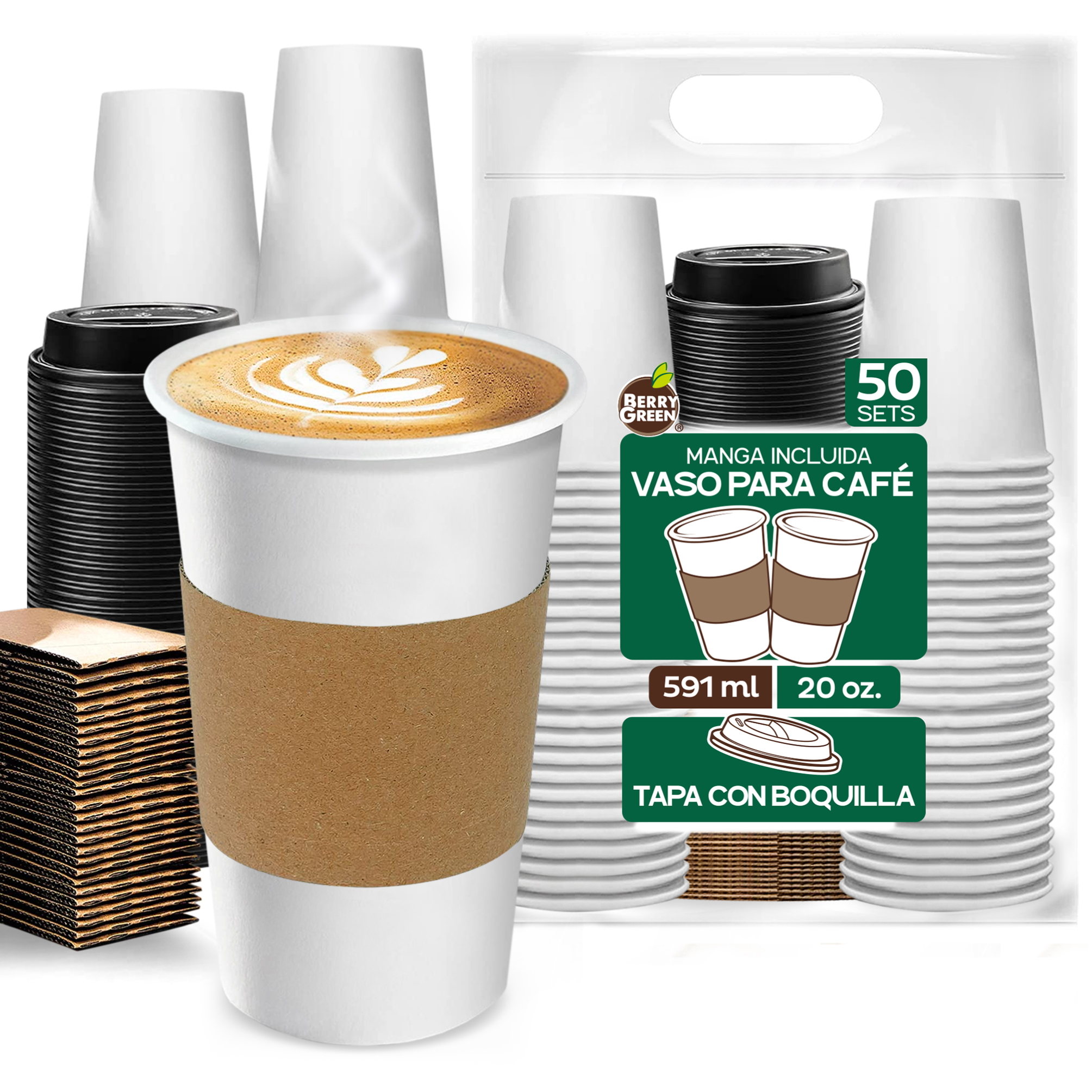 Foto 2 pulgar | Berry Green Paquete 50 Vasos Café 20 Oz Con Tapa Y Manga Protectora Resistentes Biodegradables Para Bebidas Calientes