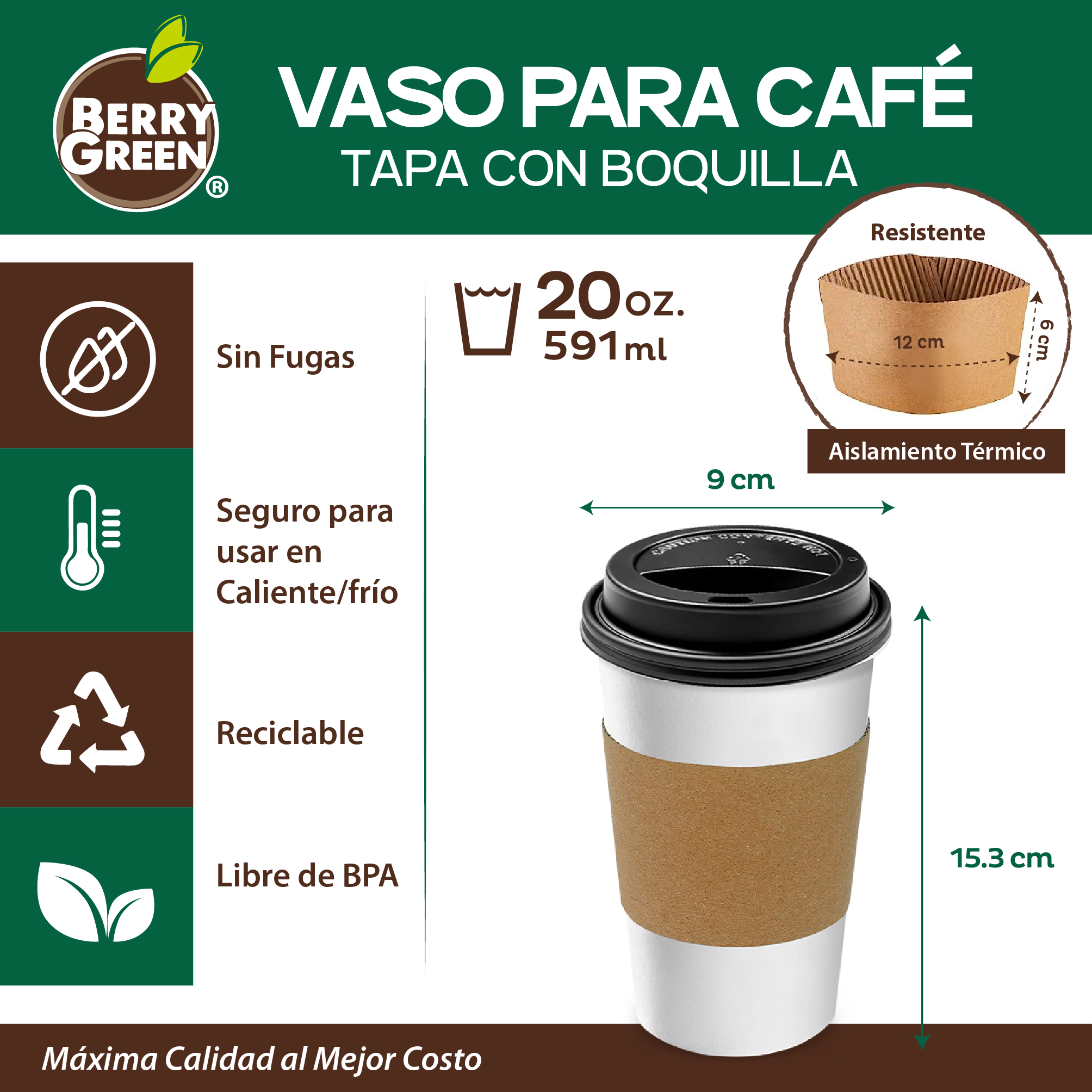 Foto 3 pulgar | Berry Green Paquete 50 Vasos Café 20 Oz Con Tapa Y Manga Protectora Resistentes Biodegradables Para Bebidas Calientes