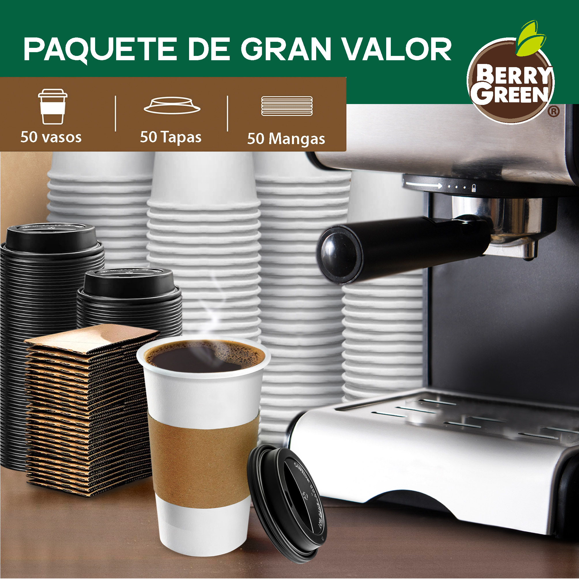 Foto 4 pulgar | Berry Green Paquete 50 Vasos Café 20 Oz Con Tapa Y Manga Protectora Resistentes Biodegradables Para Bebidas Calientes