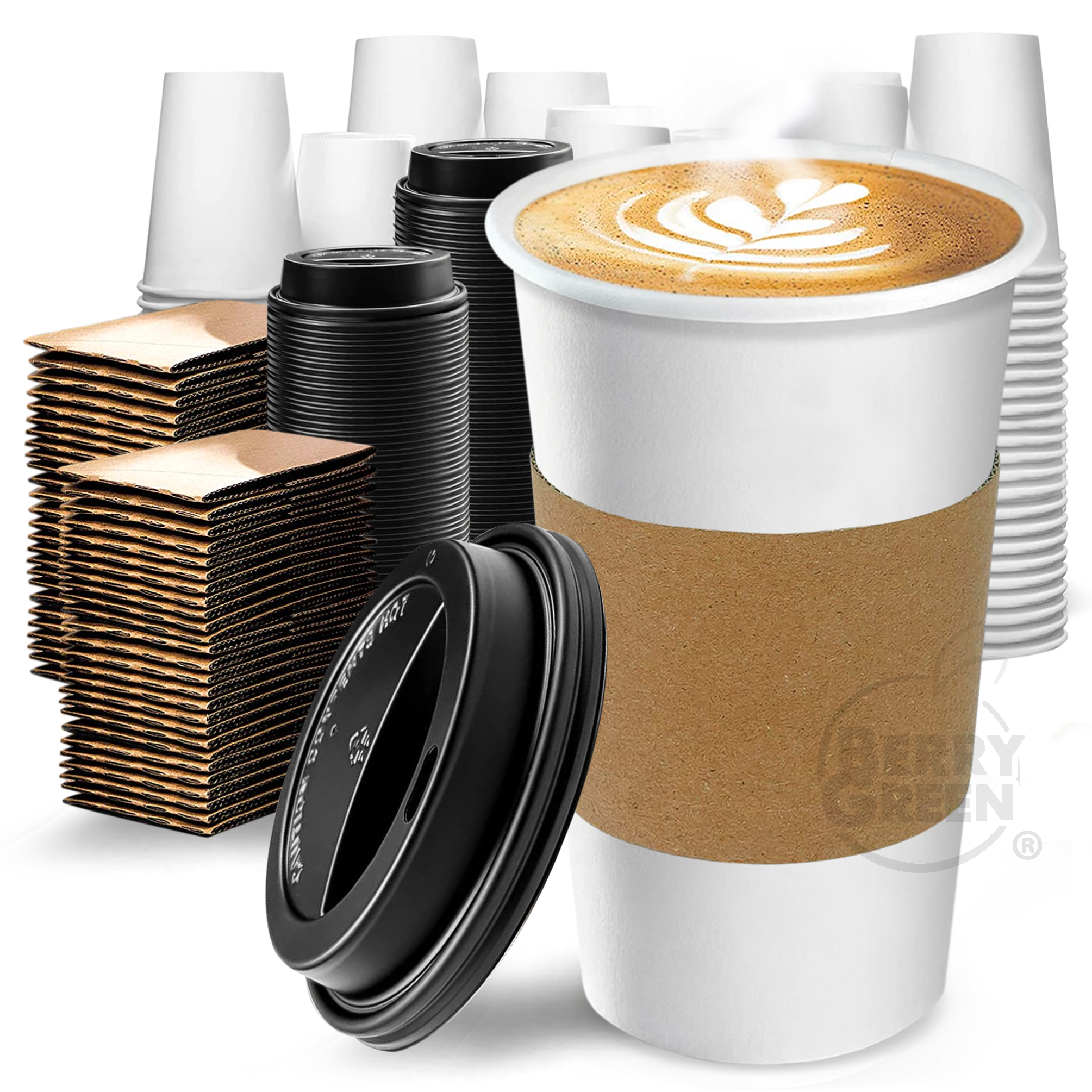 Foto 4 | Berry Green Paquete 50 Vasos Café 20 Oz Con Tapa Y Manga Protectora Resistentes Biodegradables Para Bebidas Calientes