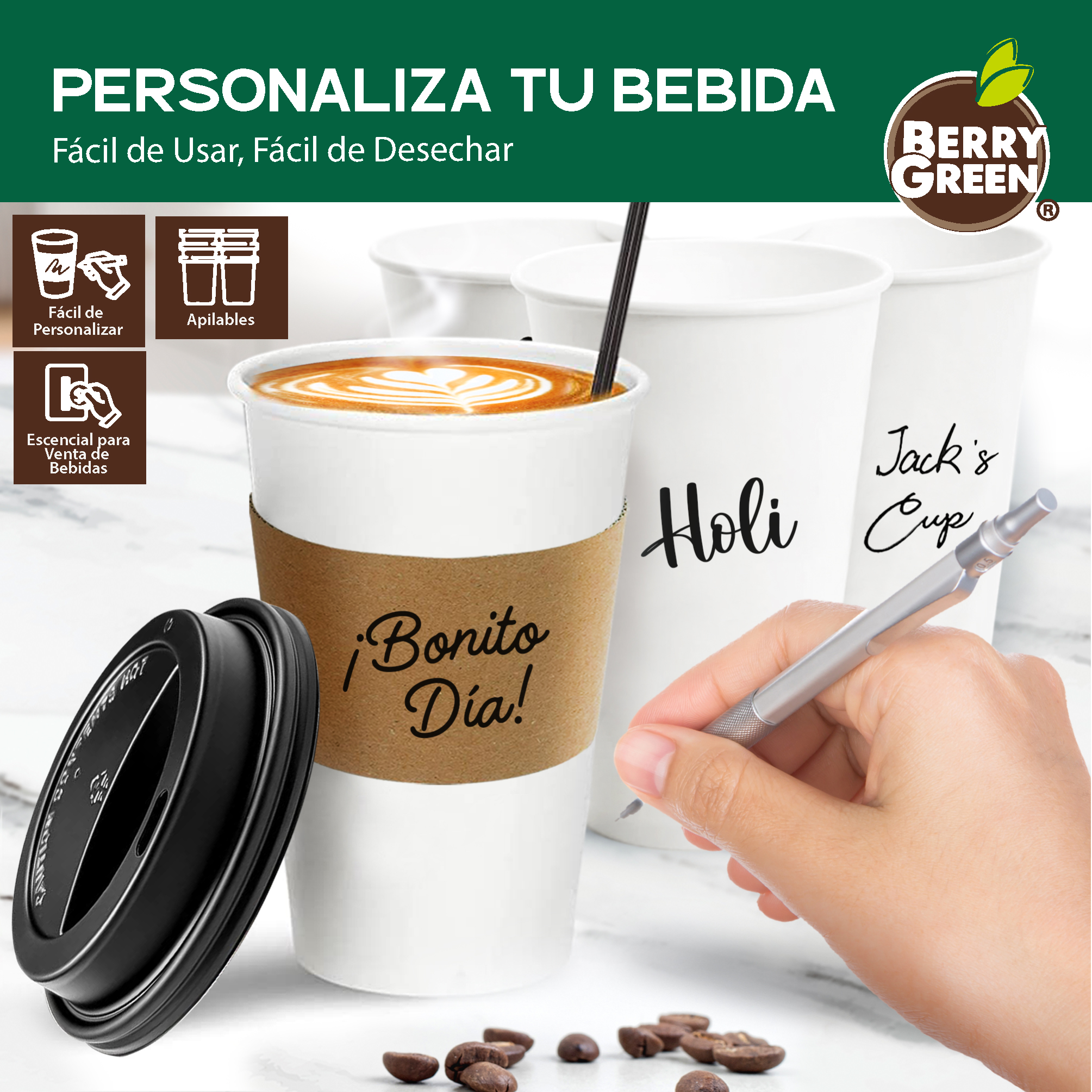 Foto 5 | Berry Green Paquete 50 Vasos Café 20 Oz Con Tapa Y Manga Protectora Resistentes Biodegradables Para Bebidas Calientes