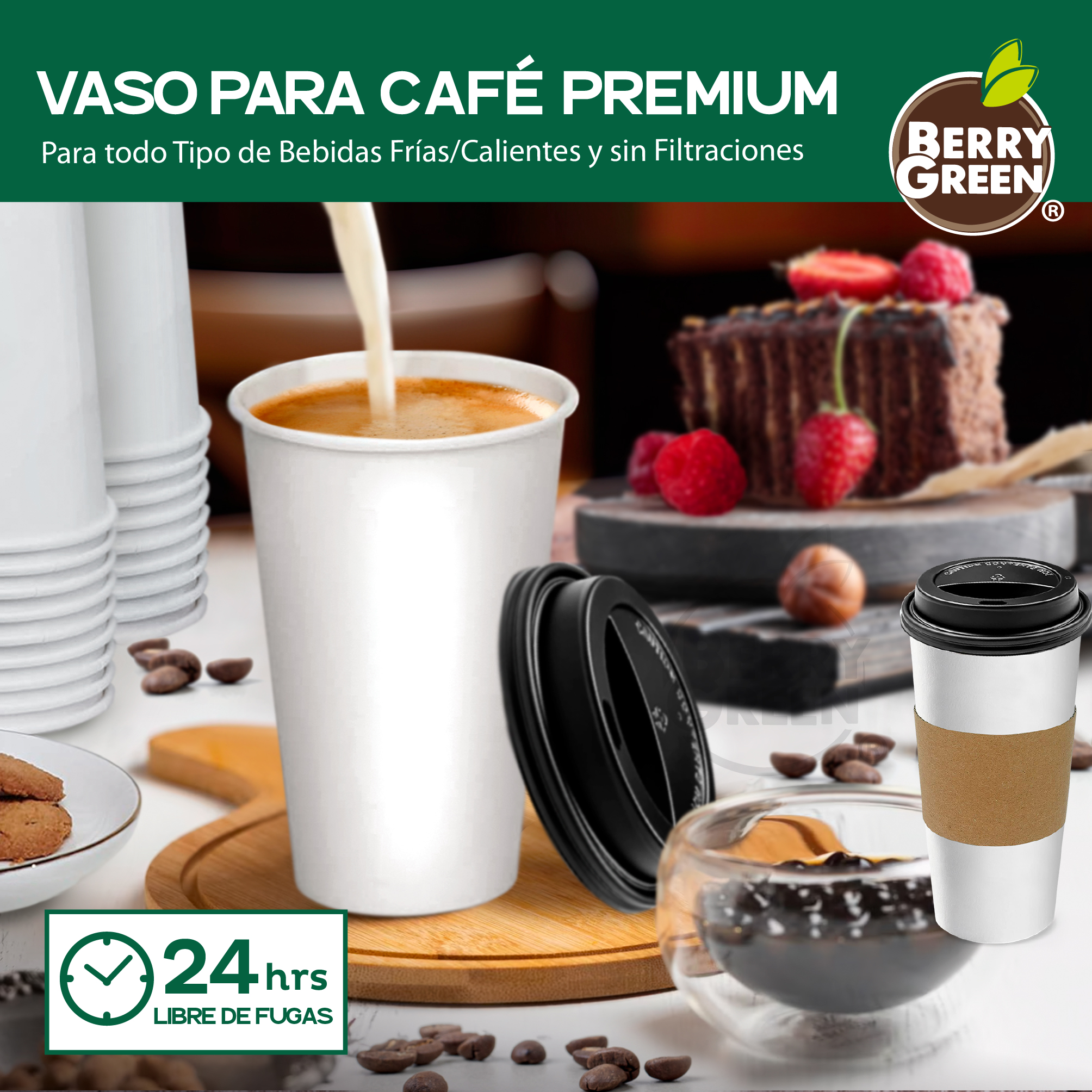 Foto 7 pulgar | Berry Green Paquete 50 Vasos Café 20 Oz Con Tapa Y Manga Protectora Resistentes Biodegradables Para Bebidas Calientes