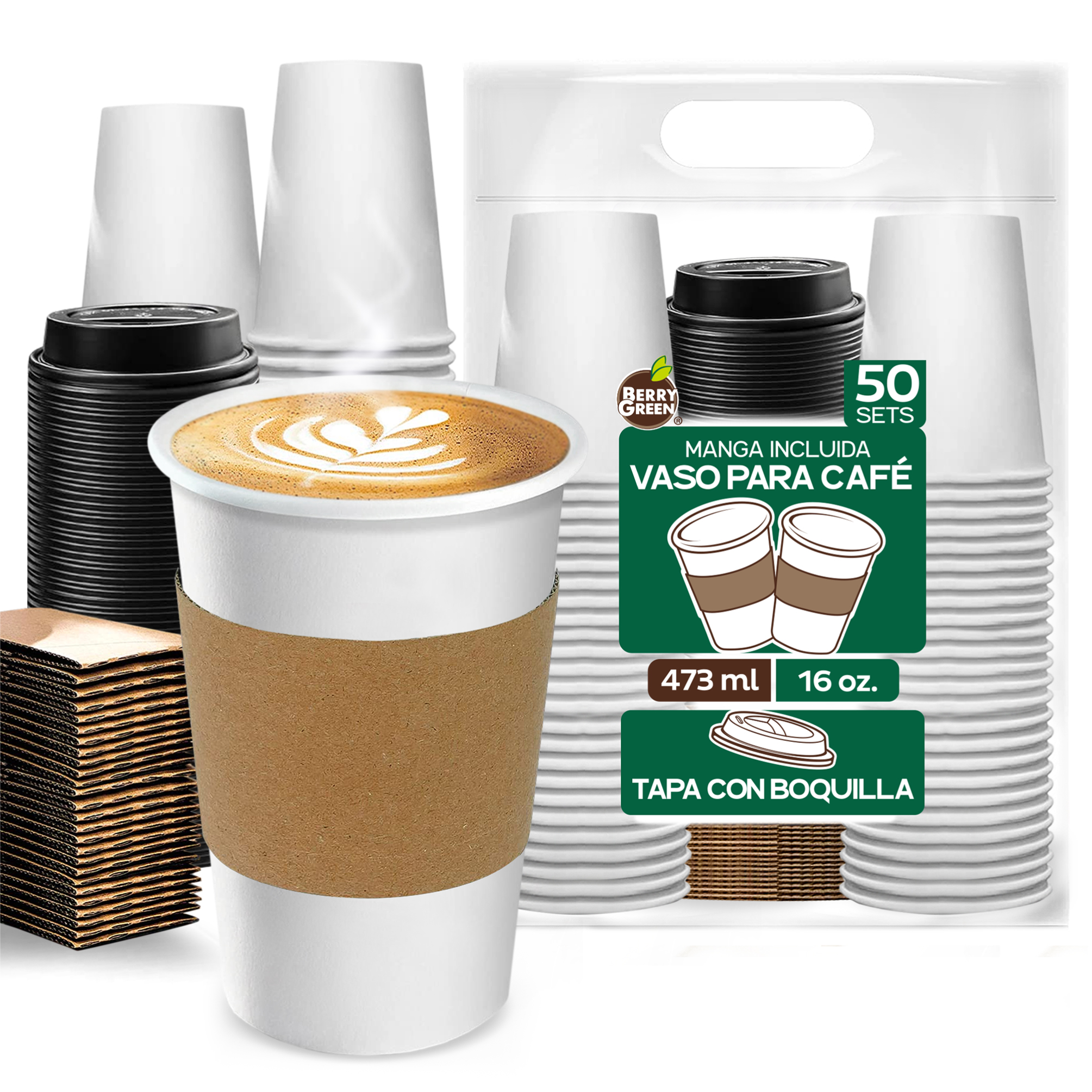 Foto 2 pulgar | Berry Green Paquete 50 Vasos Café 16 Oz Con Tapa Y Manga Protectora Resistentes Biodegradables Para Bebidas Calientes