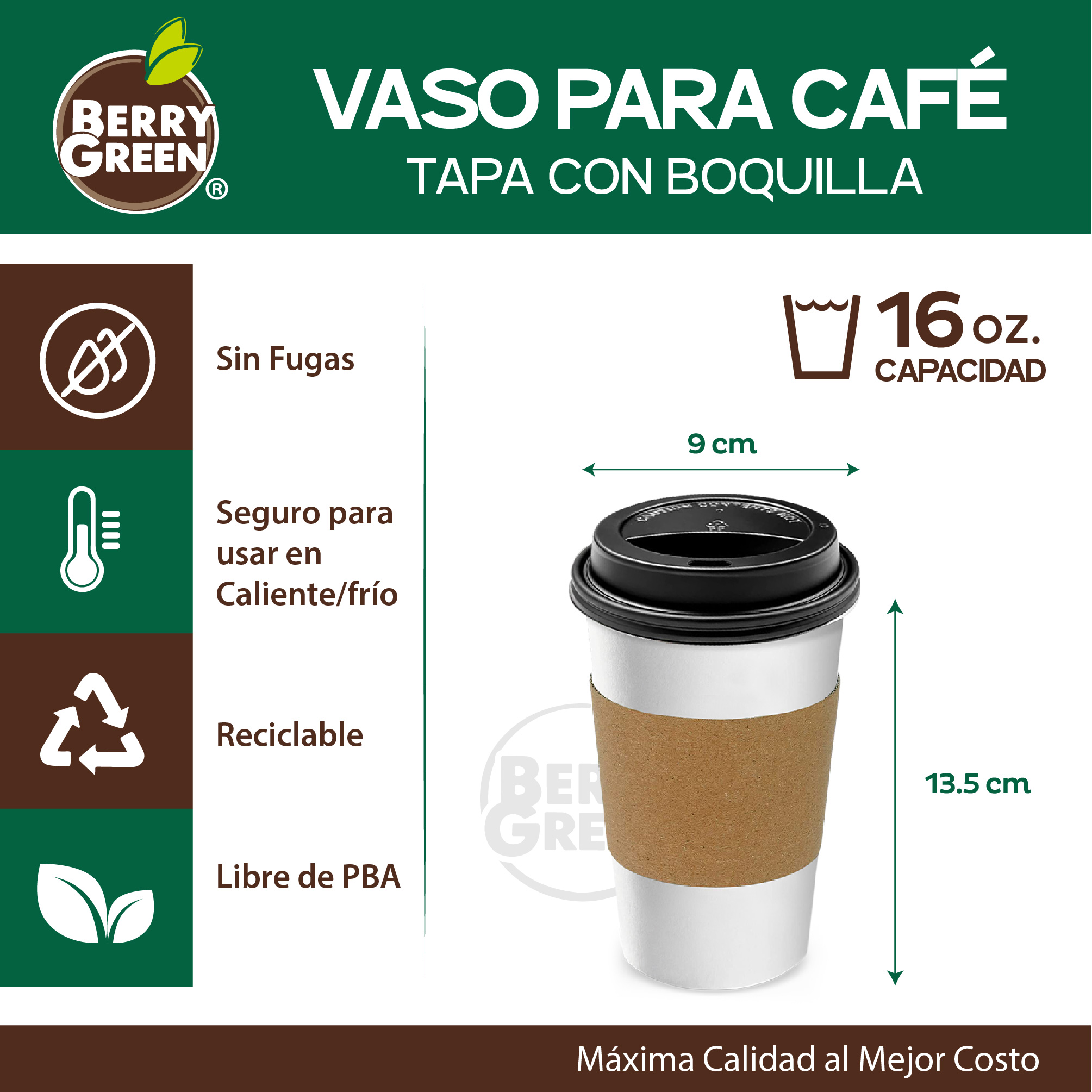 Foto 3 pulgar | Berry Green Paquete 50 Vasos Café 16 Oz Con Tapa Y Manga Protectora Resistentes Biodegradables Para Bebidas Calientes
