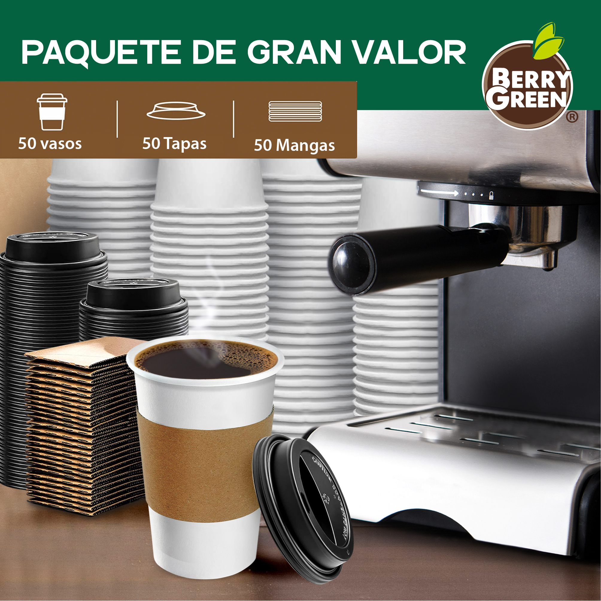 Foto 5 pulgar | Berry Green Paquete 50 Vasos Café 16 Oz Con Tapa Y Manga Protectora Resistentes Biodegradables Para Bebidas Calientes
