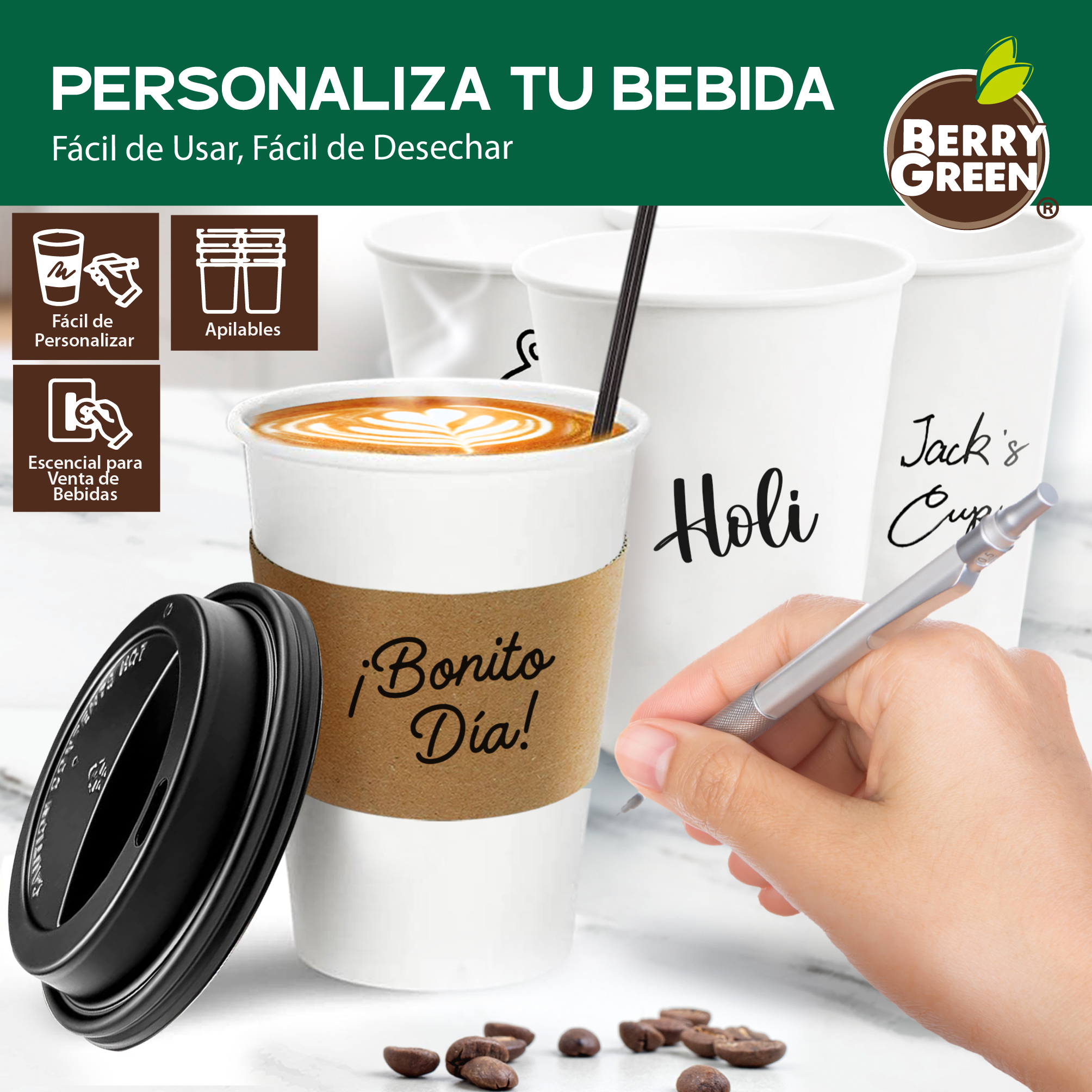 Foto 7 pulgar | Berry Green Paquete 50 Vasos Café 16 Oz Con Tapa Y Manga Protectora Resistentes Biodegradables Para Bebidas Calientes