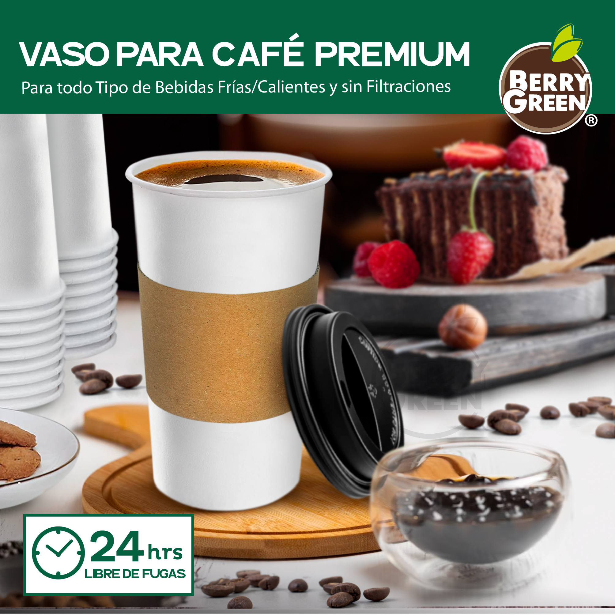 Foto 8 | Berry Green Paquete 50 Vasos Café 16 Oz Con Tapa Y Manga Protectora Resistentes Biodegradables Para Bebidas Calientes