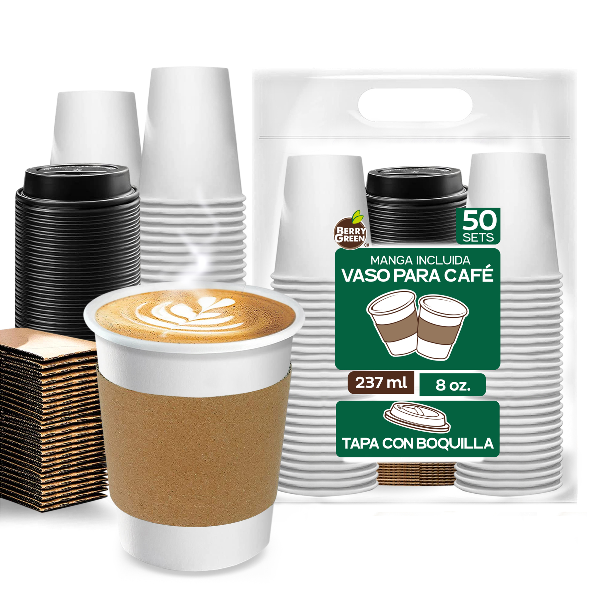 Foto 1 | Berry Green Paquete 50 Vasos Café 8 Oz Con Tapa Y Manga Protectora Resistentes Biodegradables Para Bebidas Calientes