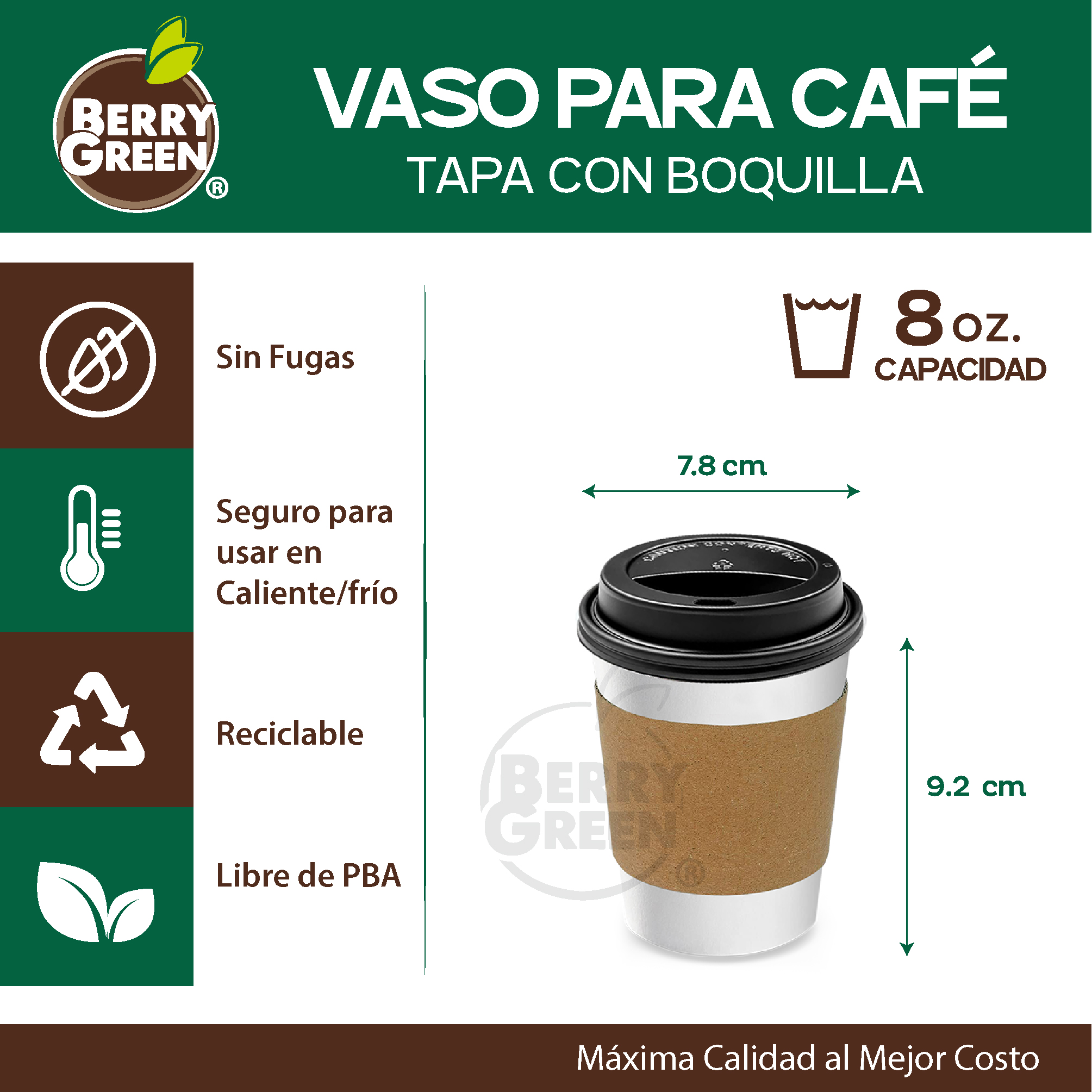 Foto 2 | Berry Green Paquete 50 Vasos Café 8 Oz Con Tapa Y Manga Protectora Resistentes Biodegradables Para Bebidas Calientes
