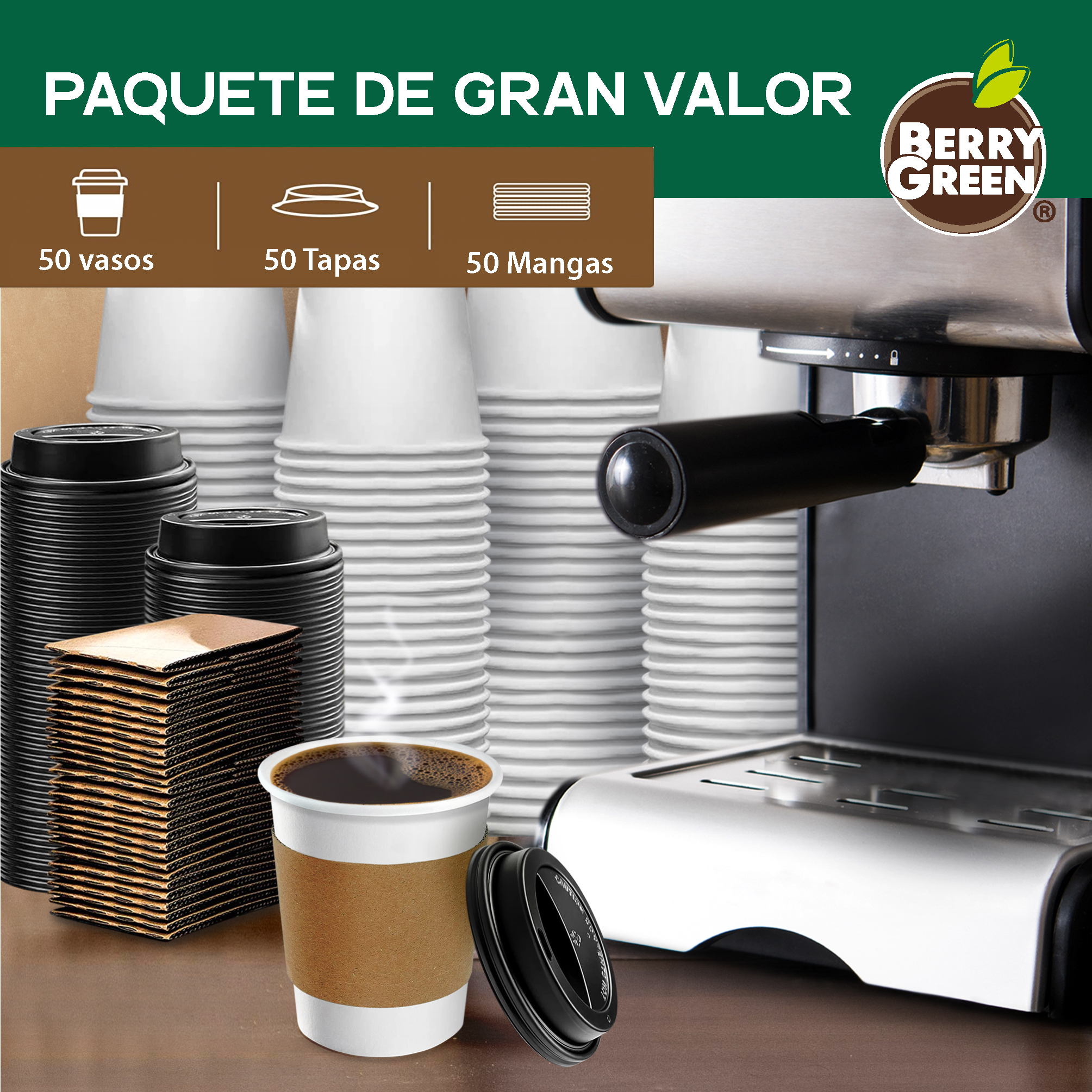 Foto 3 | Berry Green Paquete 50 Vasos Café 8 Oz Con Tapa Y Manga Protectora Resistentes Biodegradables Para Bebidas Calientes