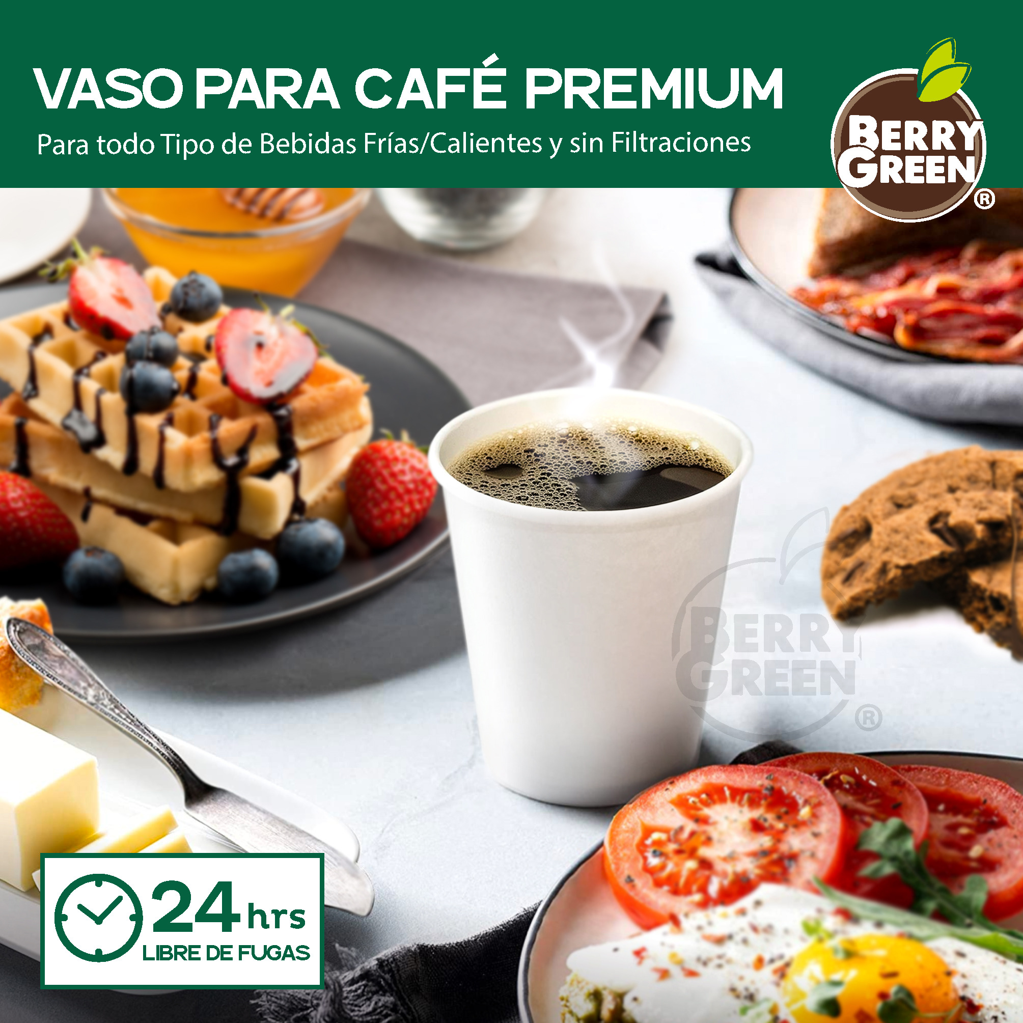 Foto 4 | Berry Green Paquete 50 Vasos Café 8 Oz Con Tapa Y Manga Protectora Resistentes Biodegradables Para Bebidas Calientes