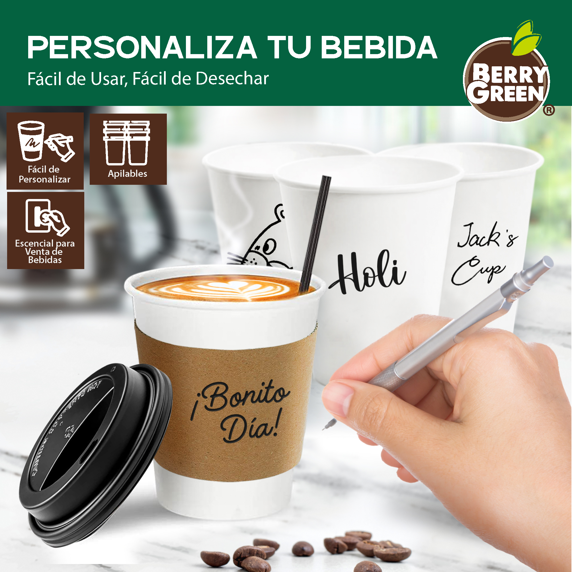 Foto 5 | Berry Green Paquete 50 Vasos Café 8 Oz Con Tapa Y Manga Protectora Resistentes Biodegradables Para Bebidas Calientes