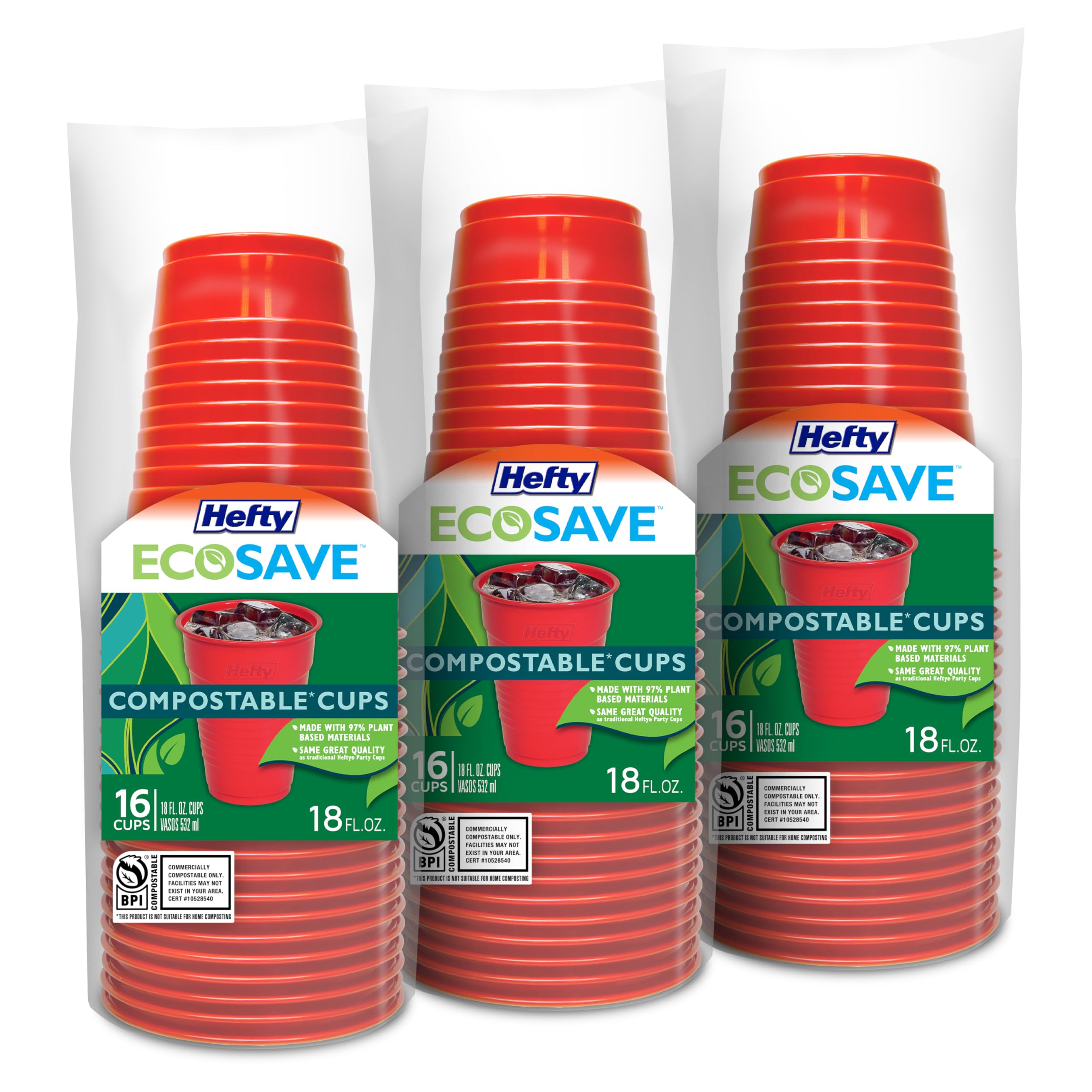Foto 2 pulgar | Vasos De Fiesta Compostables Hefty Ecosave  Rojos  540 Ml  16 Unidades X 3 - Venta Internacional.