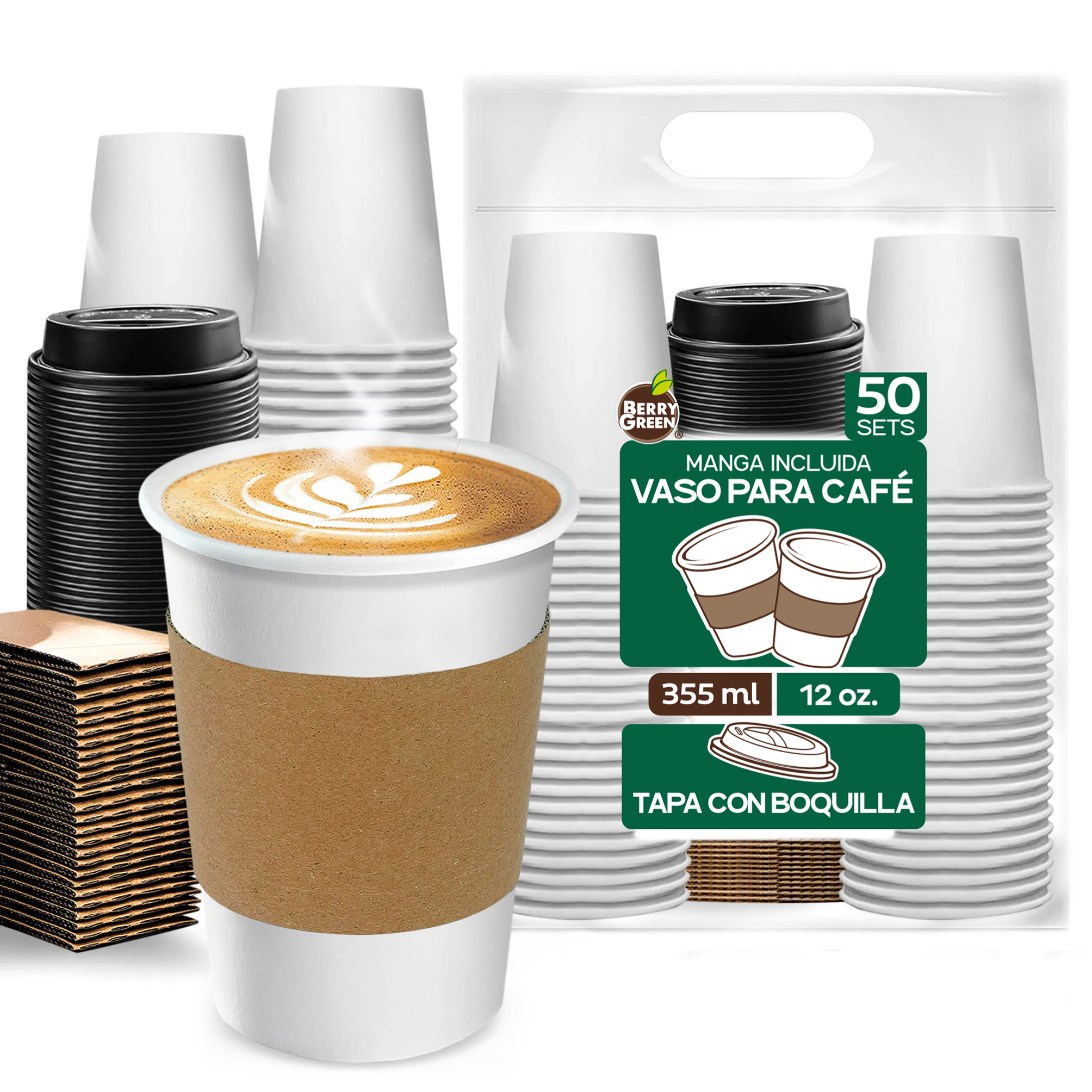 Foto 2 pulgar | Berry Green 50 Vasos Para Café 12 Oz (355 Ml) Con Tapa Y Manga  Resistentes  Antiderrames Y Biodegradables