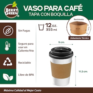 Foto 3 | Berry Green 50 Vasos Para Café 12 Oz (355 Ml) Con Tapa Y Manga Resistentes Antiderrames Y Biodegradables