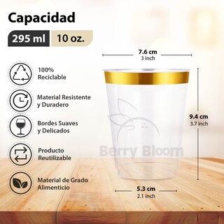 Foto 2 | Berry Hip 100 Vasos Reutilizables Con Borde Dorado Paquete Con 100 Piezas Copas Elegantes Para Fiestas (10 Oz)