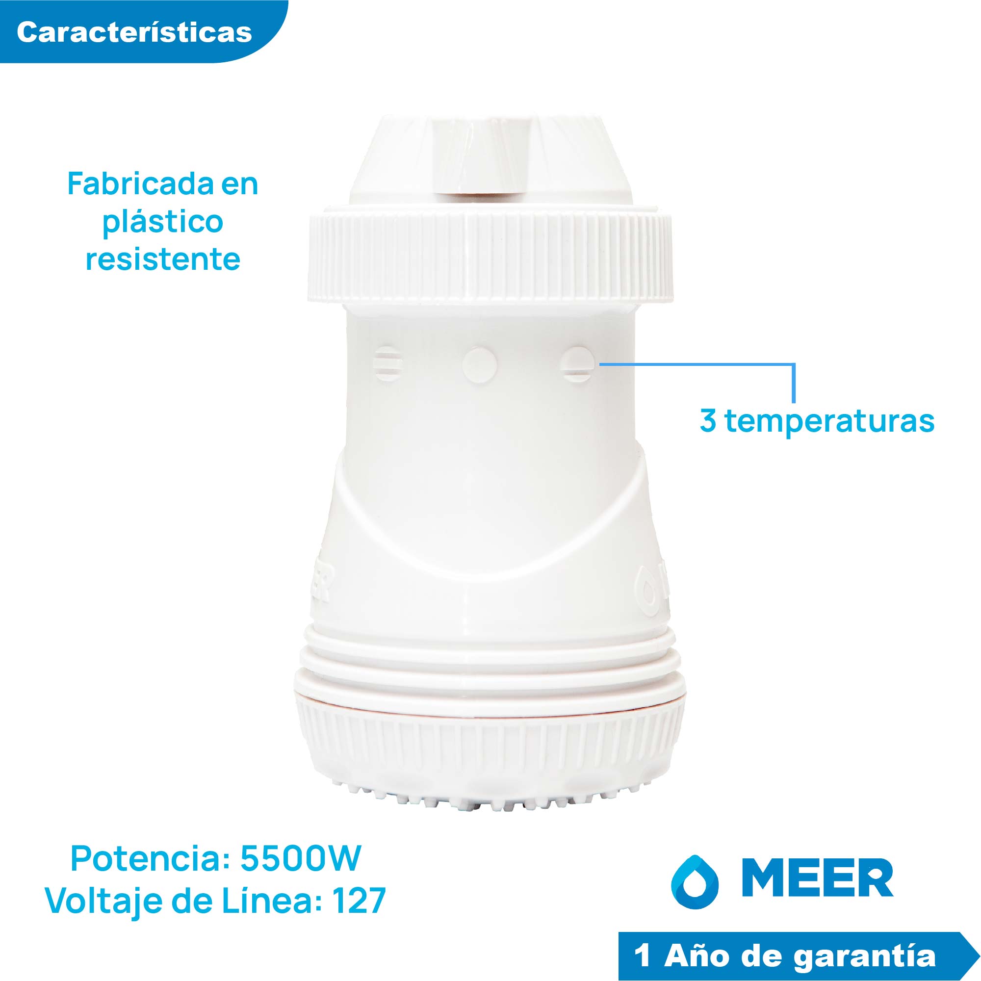 Foto 3 pulgar | Regadera Eléctrica Meer-CNX RCTE301 Blanca 3 Temperaturas 5500w + Accesorios