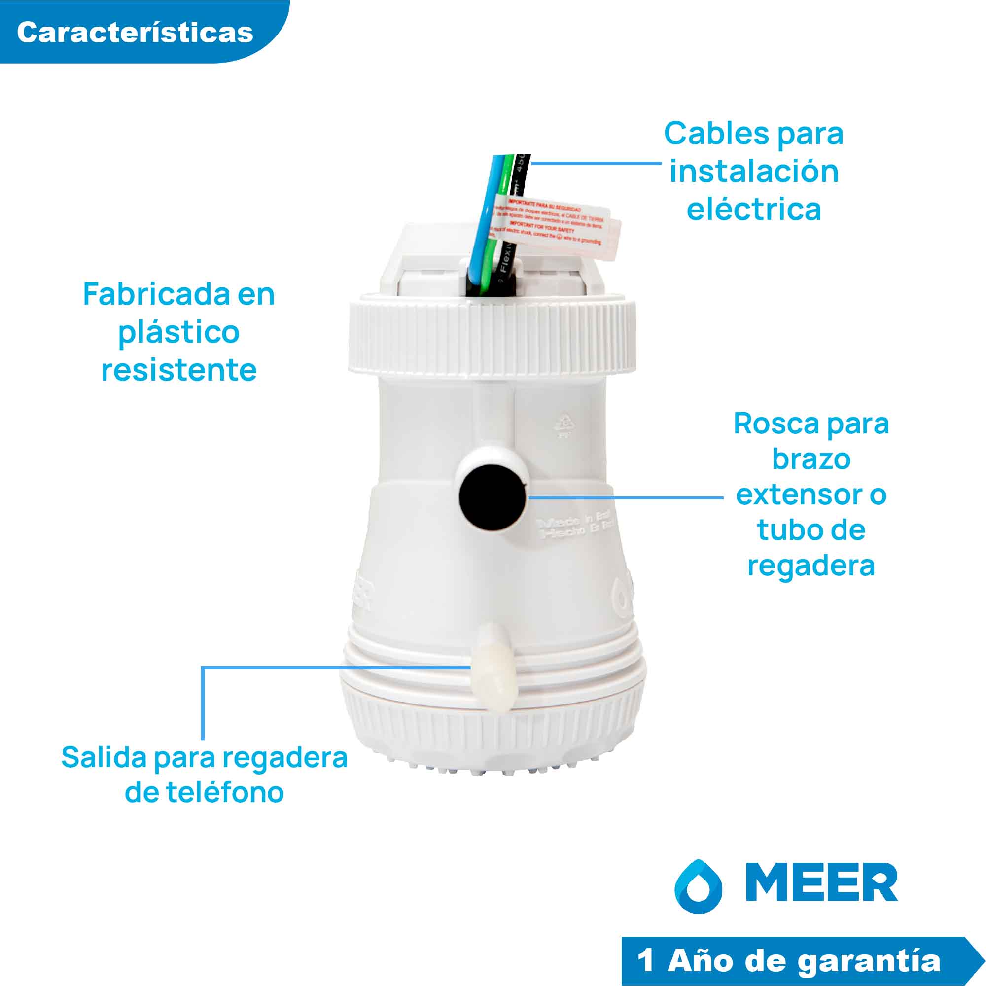 Foto 4 pulgar | Regadera Eléctrica Meer-CNX RCTE301 Blanca 3 Temperaturas 5500w + Accesorios