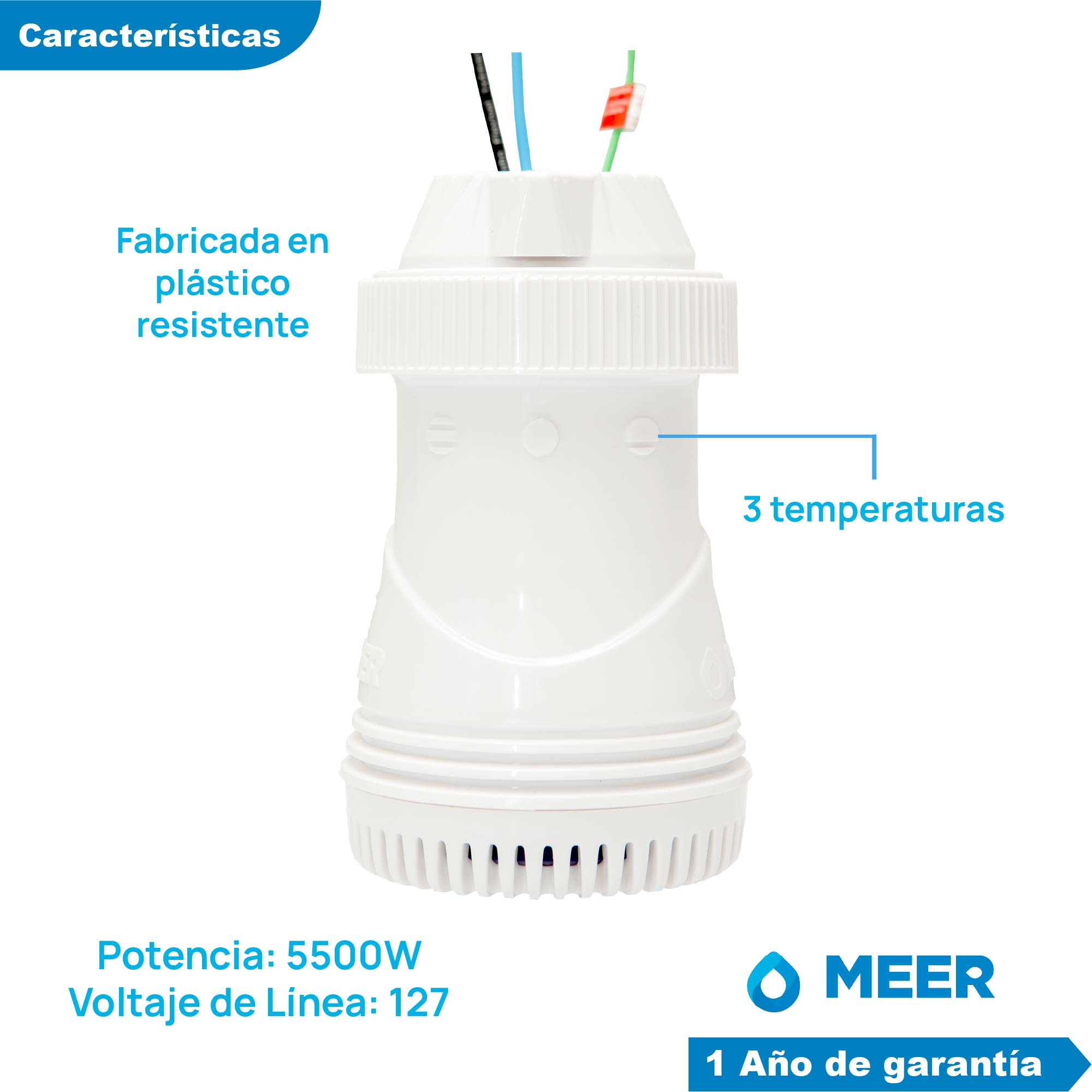 Foto 4 pulgar | Regadera Eléctrica Meer-CNX RSE301 Blanca 3 Temperaturas 5500w + Accesorios