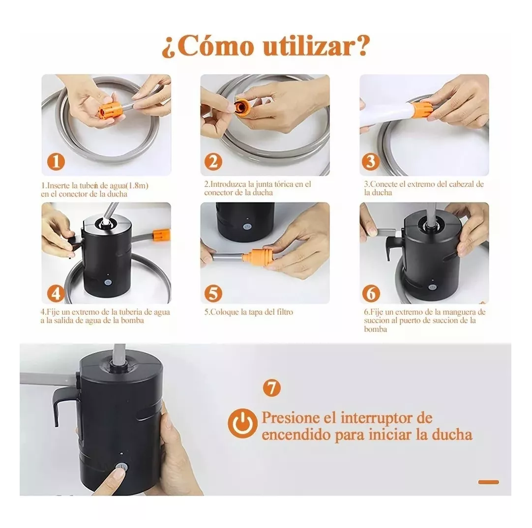 Foto 5 pulgar | Ducha Portátil Eléctrica Recargable con Bomba para Camping Naranja