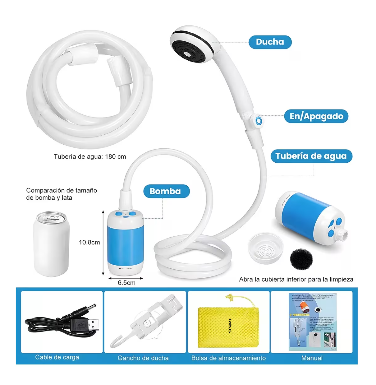 Foto 4 | Regadera Portátil Lab.g Ducha Campismo Recargable 5000mah, Blanco