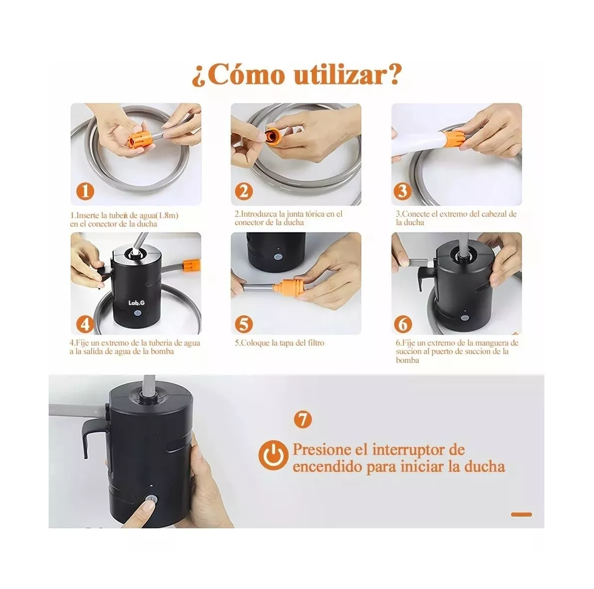 Foto 5 pulgar | Ducha Portátil Eléctrica Recargable Con Bomba Lab.g Para Camping Negro/blanco/naranja