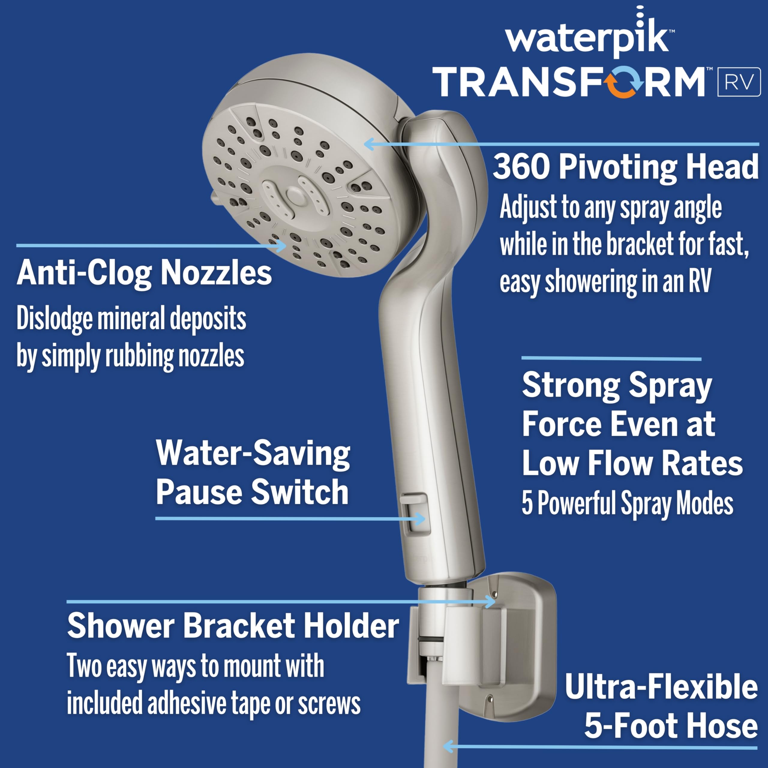 Foto 4 pulgar | Cabezal De Ducha Waterpik Transform Pivoting Rv Con Manguera De 5 Modos - Venta Internacional.
