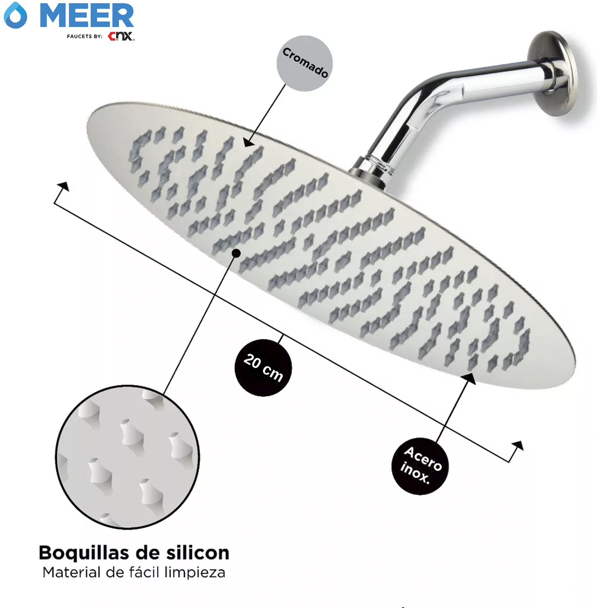 Foto 4 | Regadera Redonda de Acero Inoxidable Satinado de 20 cm de Meer Faucets by CNX