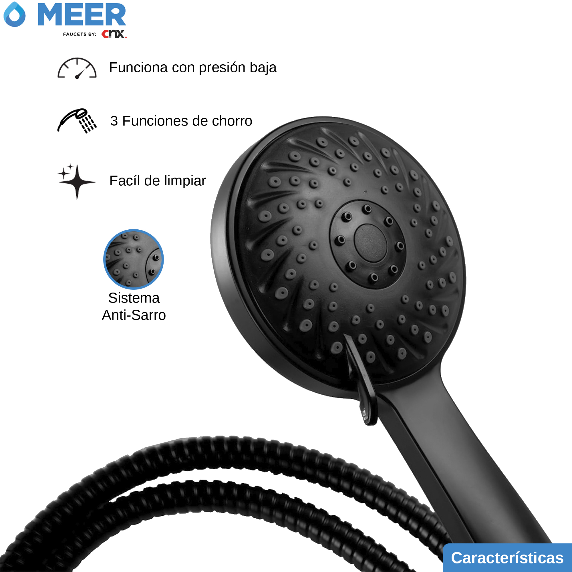 Foto 4 pulgar | Regadera de Mano MEER de 10 cm con Manguera de 150 cm y 3 Funciones de Chorro en ABS Negro Mate