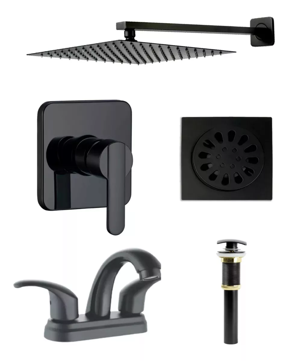 Foto 2 pulgar | Set Completo Para Baño En Acabado Negro Mate, Diseño Moderno, Regadera 8'' Con Brazo, Monomando, Resumidero Y Kit