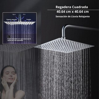 Foto 2 | Regadera Cuadrada De 16 Pulgadas (40.64 Cm X 40.64 Cm) Xxl, Fabricada En Acero Inoxidable, Brazo De 40 Cm, Sensac