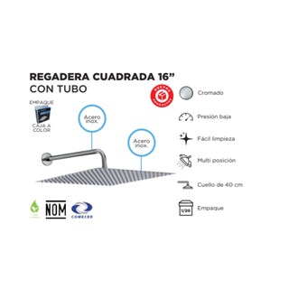 Foto 3 | Regadera Cuadrada De 16 Pulgadas (40.64 Cm X 40.64 Cm) Xxl, Fabricada En Acero Inoxidable, Brazo De 40 Cm, Sensac