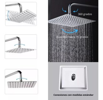 Foto 4 | Regadera Cuadrada De 16 Pulgadas (40.64 Cm X 40.64 Cm) Xxl, Fabricada En Acero Inoxidable, Brazo De 40 Cm, Sensac
