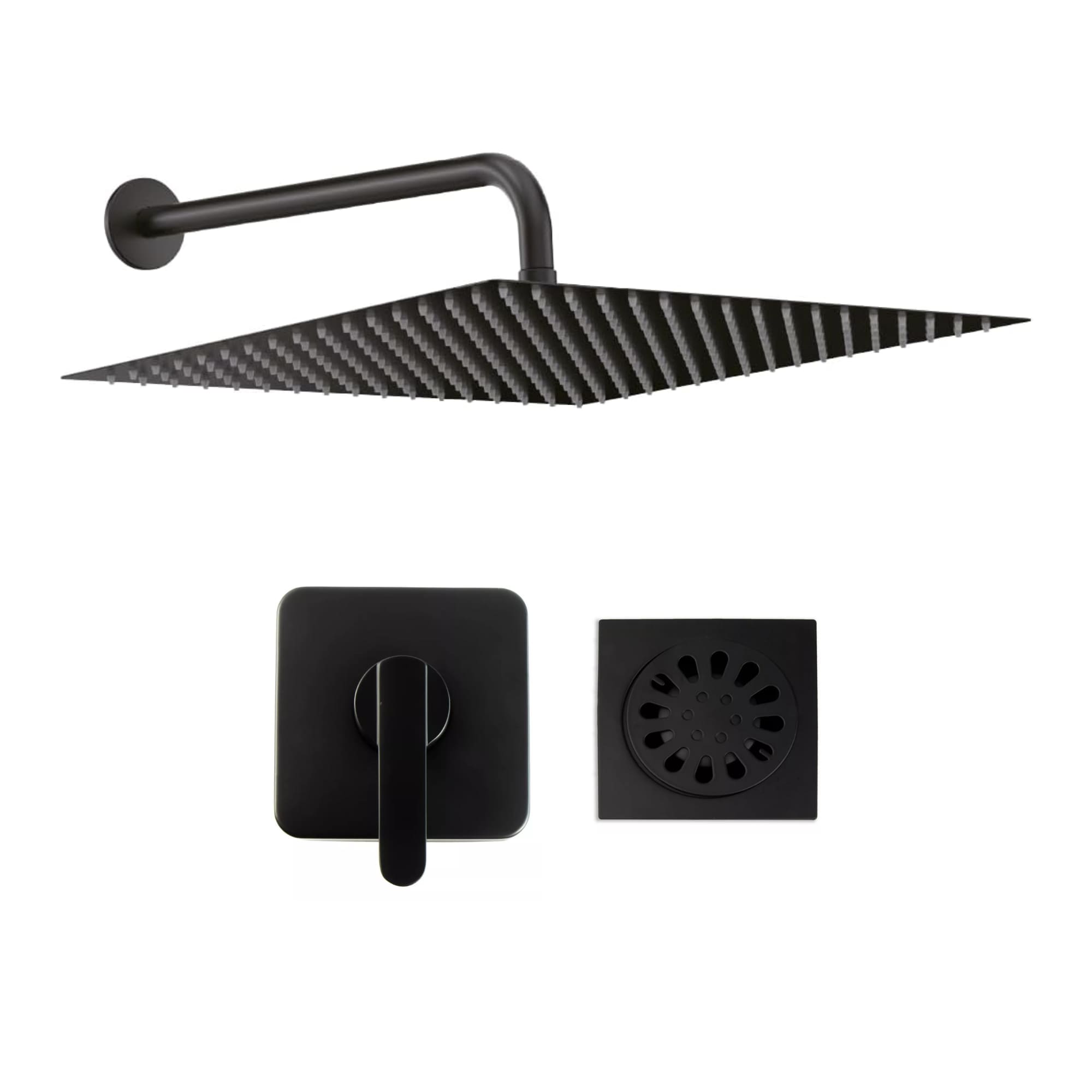 Regadera Cuadrada Xl 16 Pulgadas, Incl. Monomando Y Resumidero, Negro Mate, Acero Inox, Zinc, Latón $1,799
