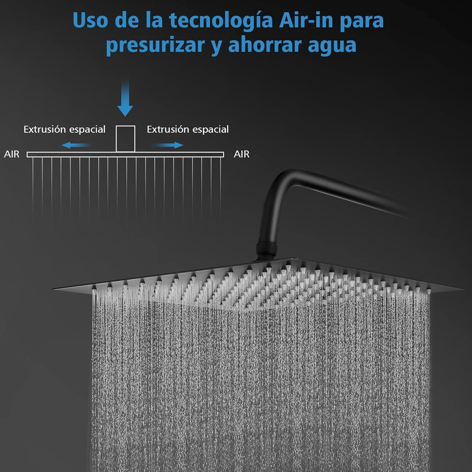 Foto 5 | Regadera Cuadrada Xl 16 Pulgadas, Incl. Monomando Y Resumidero, Negro Mate, Acero Inox, Zinc, Latón