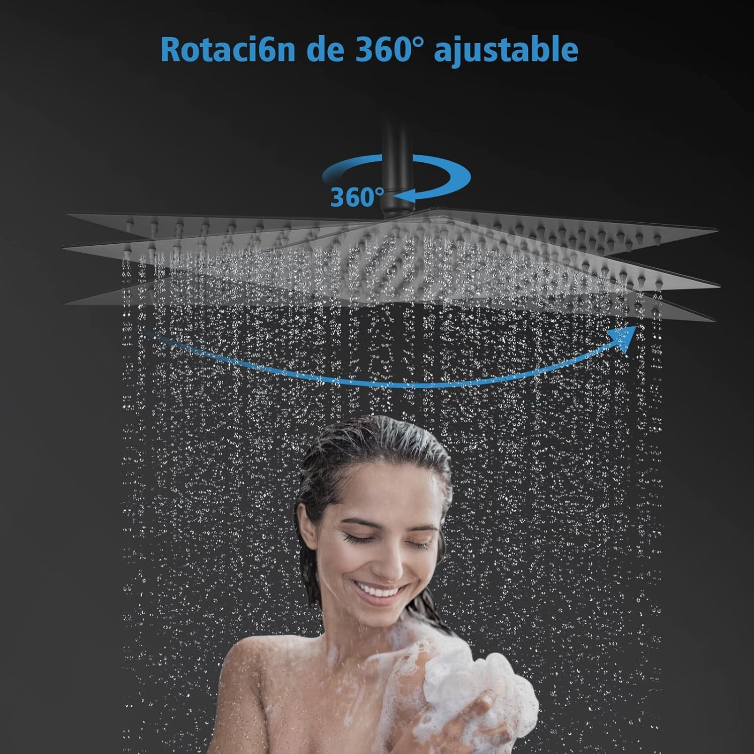 Foto 5 | Regadera Cuadrada Extra Grande (16 Pulgadas) 40.64 X 40.64 Cm, Negro Mate, Con Brazo De 40 Cm, Acero Inoxidable