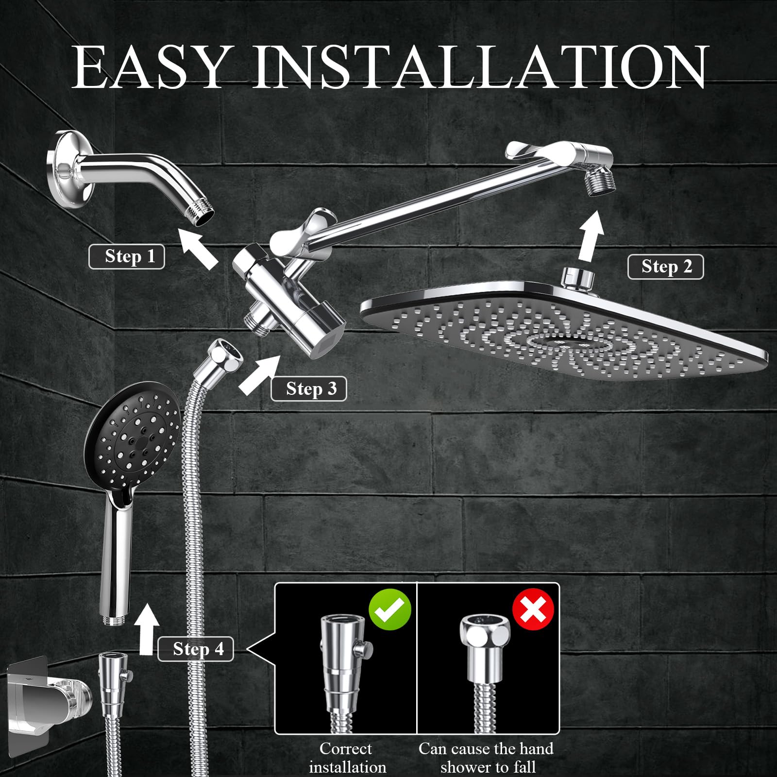 Foto 7 pulgar | Cabezal De Ducha Combo Veken High Pressure Rain Con Brazo De Extensión - Venta Internacional.
