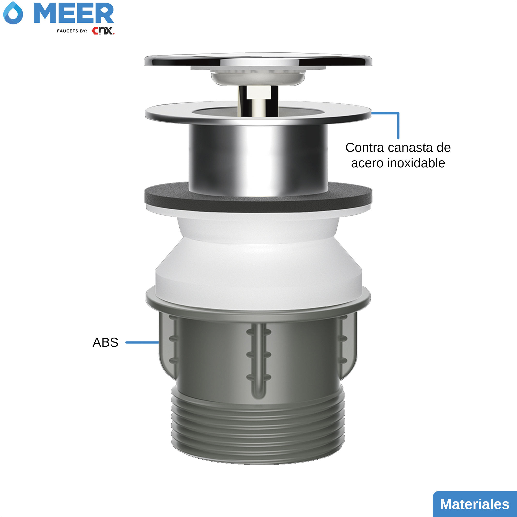 Foto 3 | Desagüe Emergente Meer-CNX CANPOP-007 De Acero Inoxidable Y Abs Con Botón Pop-up Para Lavabos Cocinas Y Bañeras