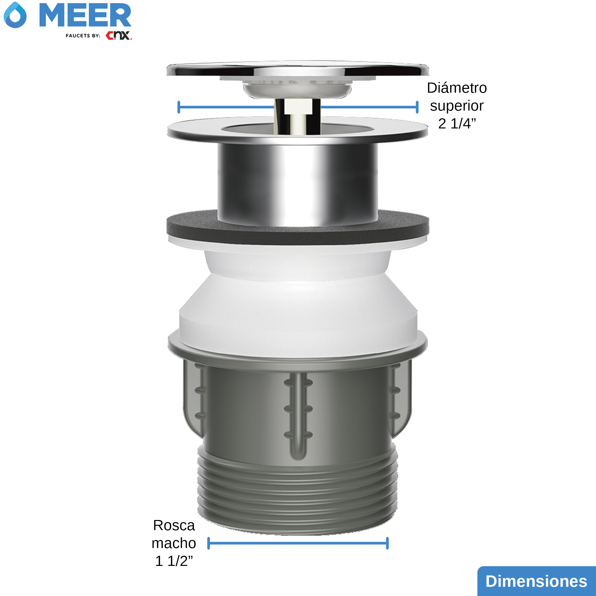 Foto 4 | Desagüe Emergente Meer-CNX CANPOP-007 De Acero Inoxidable Y Abs Con Botón Pop-up Para Lavabos Cocinas Y Bañeras