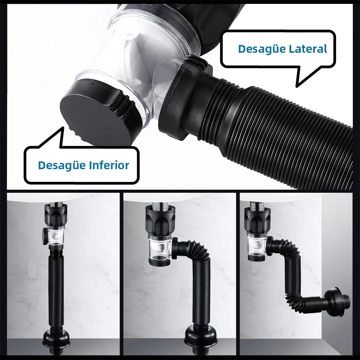 Foto 4 | Kit De Desagüe Flexible Para Lavabo De Baño  Eo Safe Imports Esi-20290 Negro