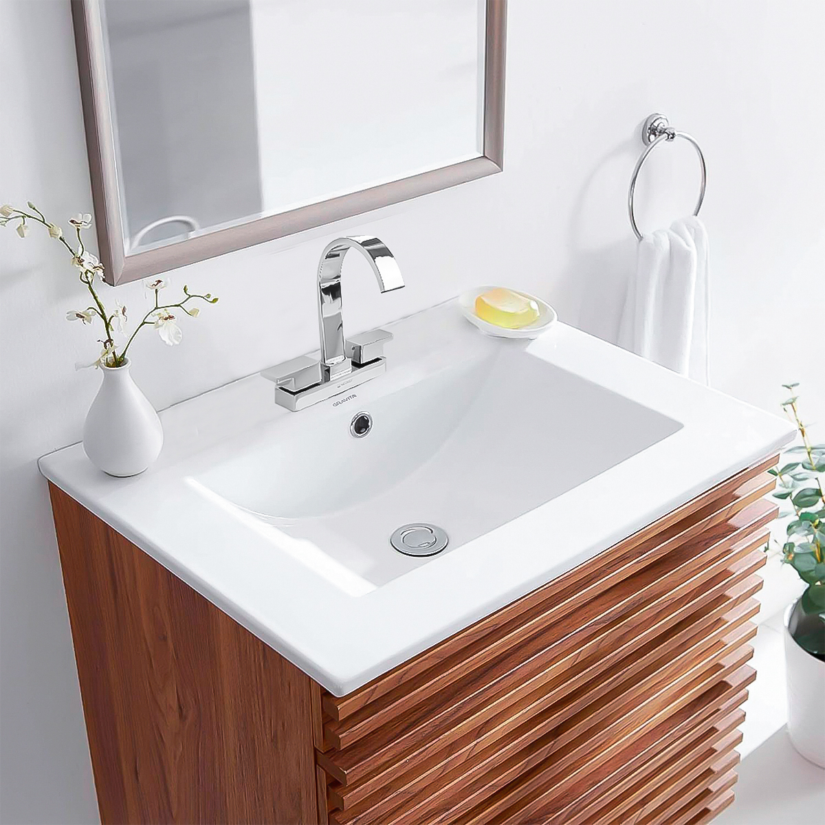 Lavabo De Ceramica Integrado En Cubierta Con Rebosadero Marca Gravita