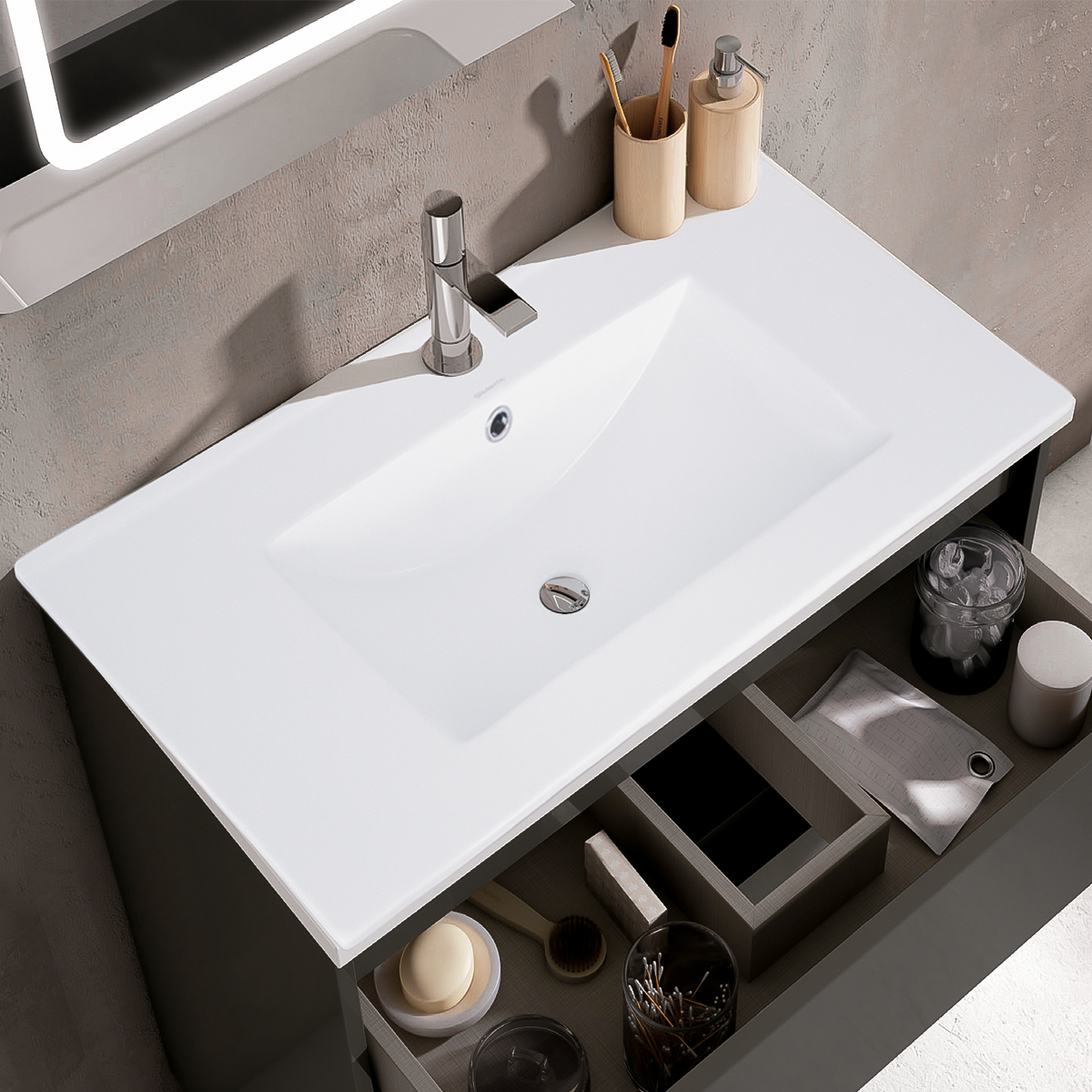 Lavabo De Ceramica Integrado En Cubierta Con Rebosadero Marca Gravita